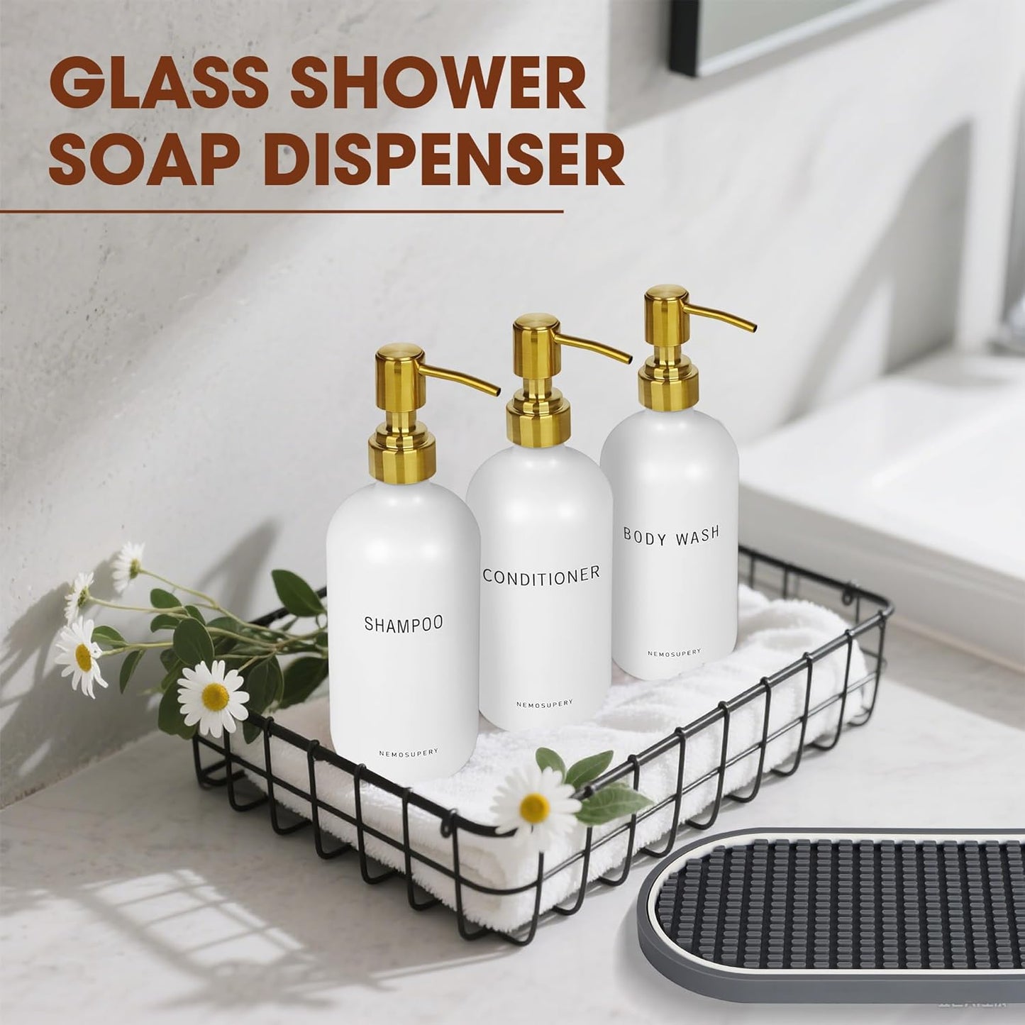 Glass Shampoo and Conditioner Dispenser-Shampoo Dispenser for Shower-16.9 fl oz Set of 3 Refillable Glass Bottles with Pump and Labels-Shower Soap Dispenser for Bathroom(White)