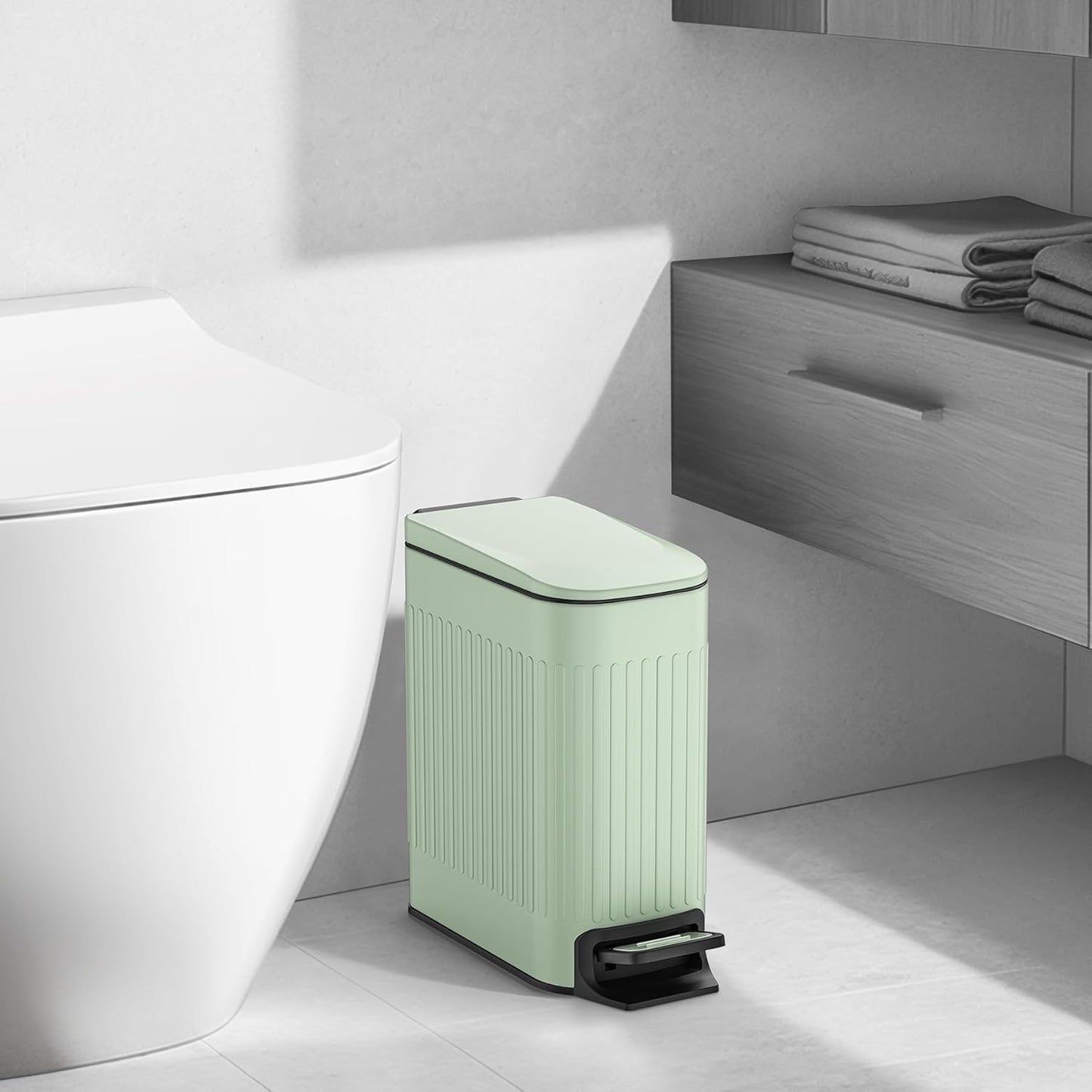 TIPGO Slim Bathroom Trash Can with Lid Soft Close, Step Pedal, 6 Liter / 1.6 Gallon Stainless Steel Trash Bin, Small Garbage Cans for Bedroom, Office, Kitchen (Green)
