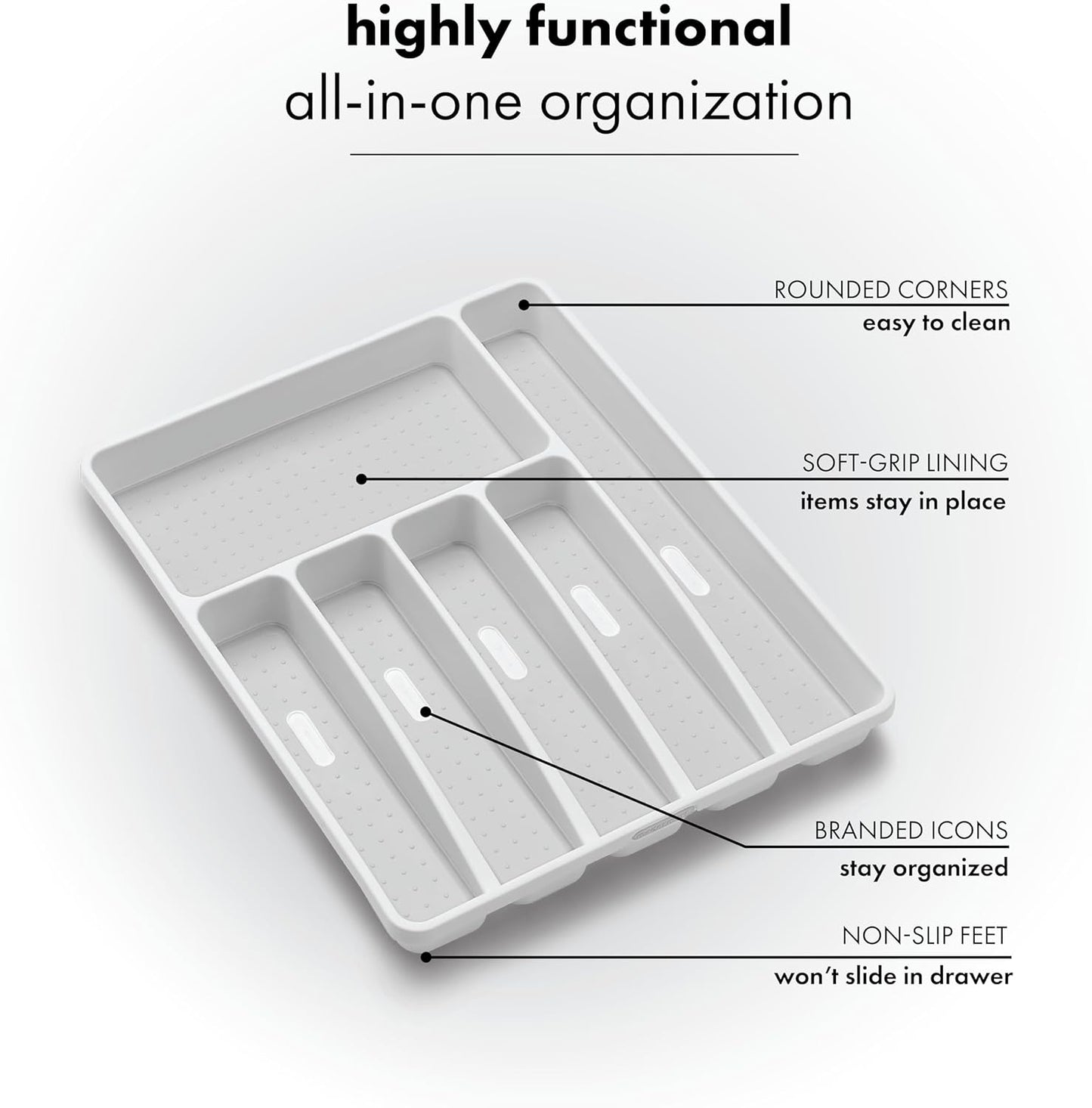 madesmart Classic Large Silverware Tray - White |CLASSIC COLLECTION | 6-Compartments| Kitchen Drawer Organizer | Soft-Grip Lining and Non-Slip Rubber Feet | BPA-Free (Pack of 6)
