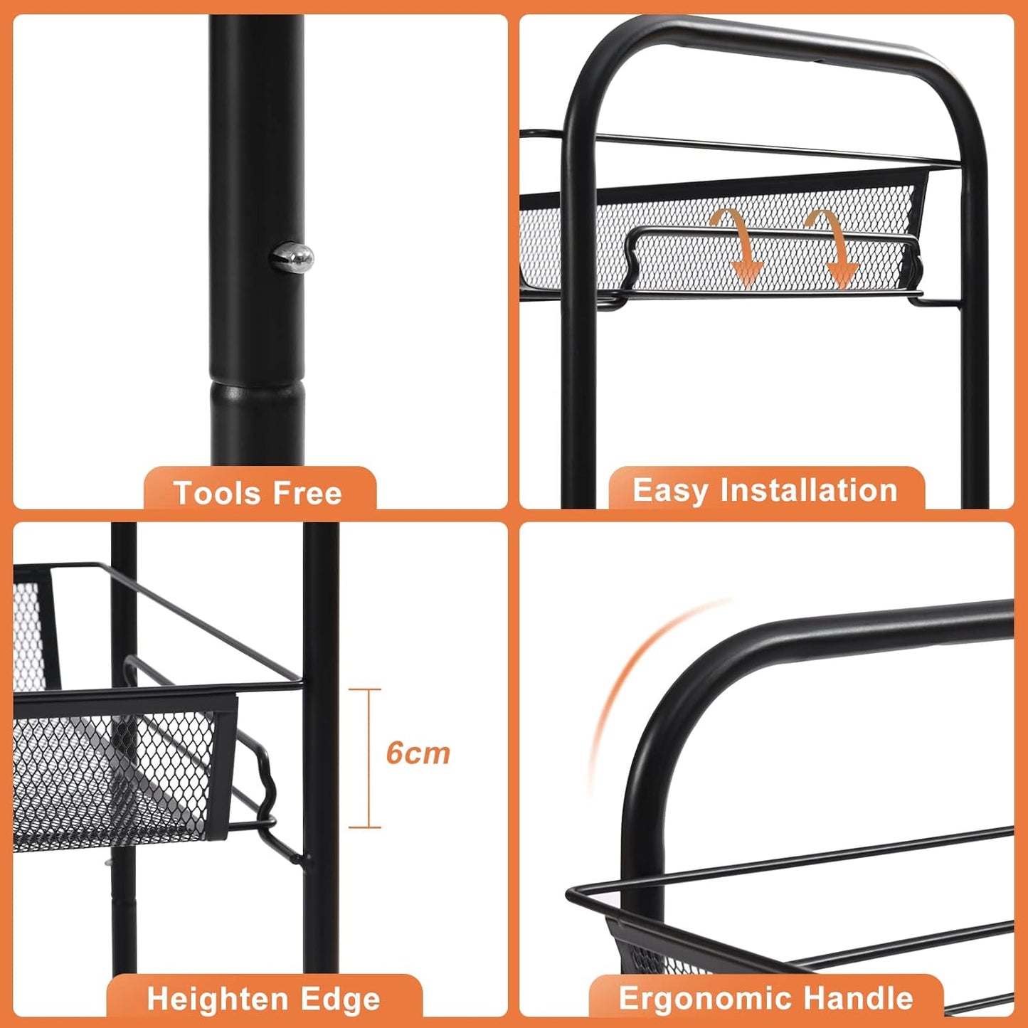 TOOLF 4-Tier Rolling Cart, Metal Utility Cart with 3 Hooks, Easy Assemble Mobile Storage Trolley On Wheels, Metal Shelving Units Kitchen Bathroom Laundry Room