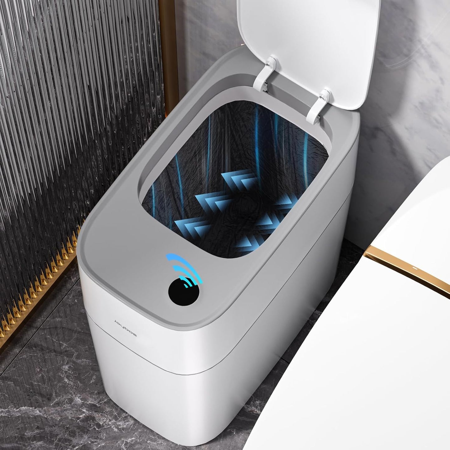 JOYBOS Small Bathroom Trash Cans with Lids,3.8 Gallon Slim White Plastic Automatic Garbage Can,Narrow Motion Sensor Waterproof Trash Bin for Bedroom, Toilet,Office