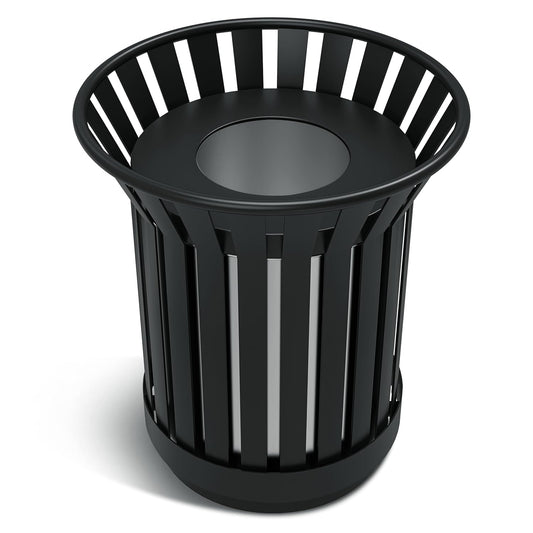 8Gallon Round Large Outdoor Trash Can, Heavy Duty Metal Slatted Garbage Can Outdoor, All Weather Resistant Commercial Garbage Cans, Waste Receptacle in Park, School, Beach, Patio (Black, Medium)