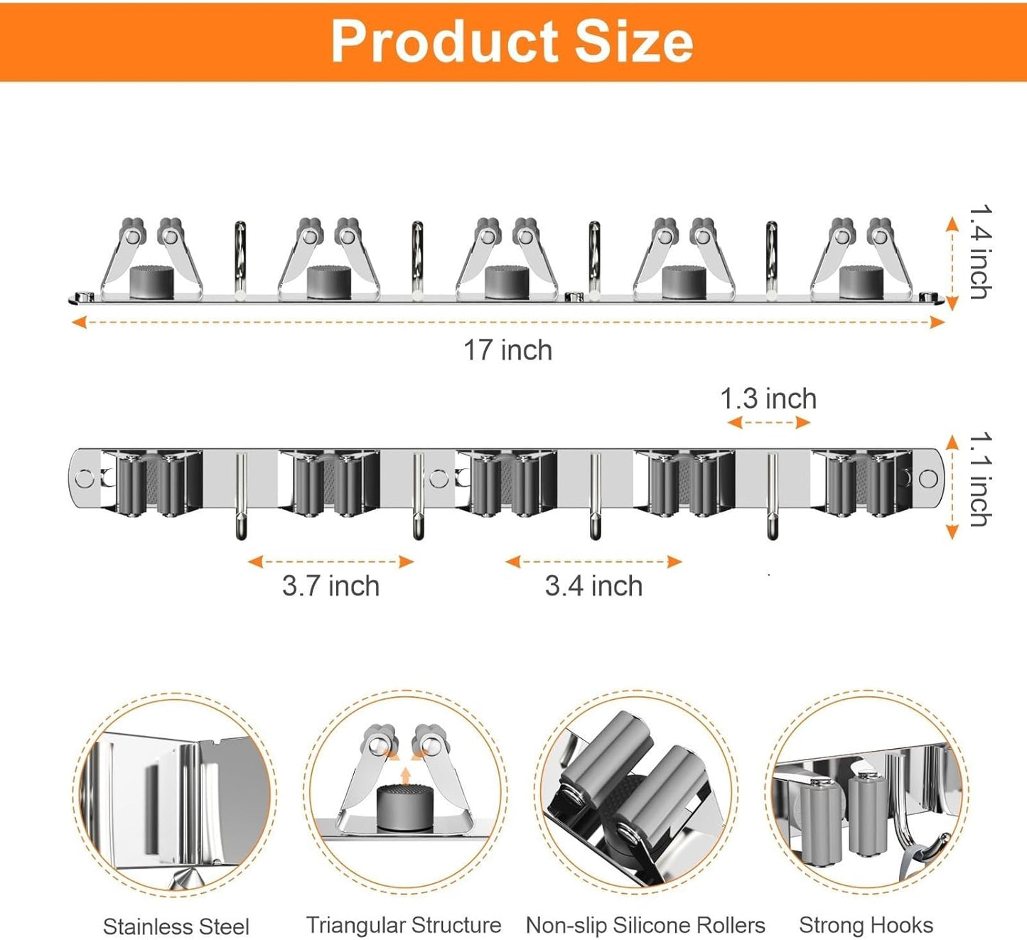 Broom and Mop Organizer Wall Hanging, Upgraded Mop and Broom Holder Wall Mount, Stainless Steel Broom Hanger Wall Mount for Laundry Room Organization and Storage（5 Racks with 4 Hooks）