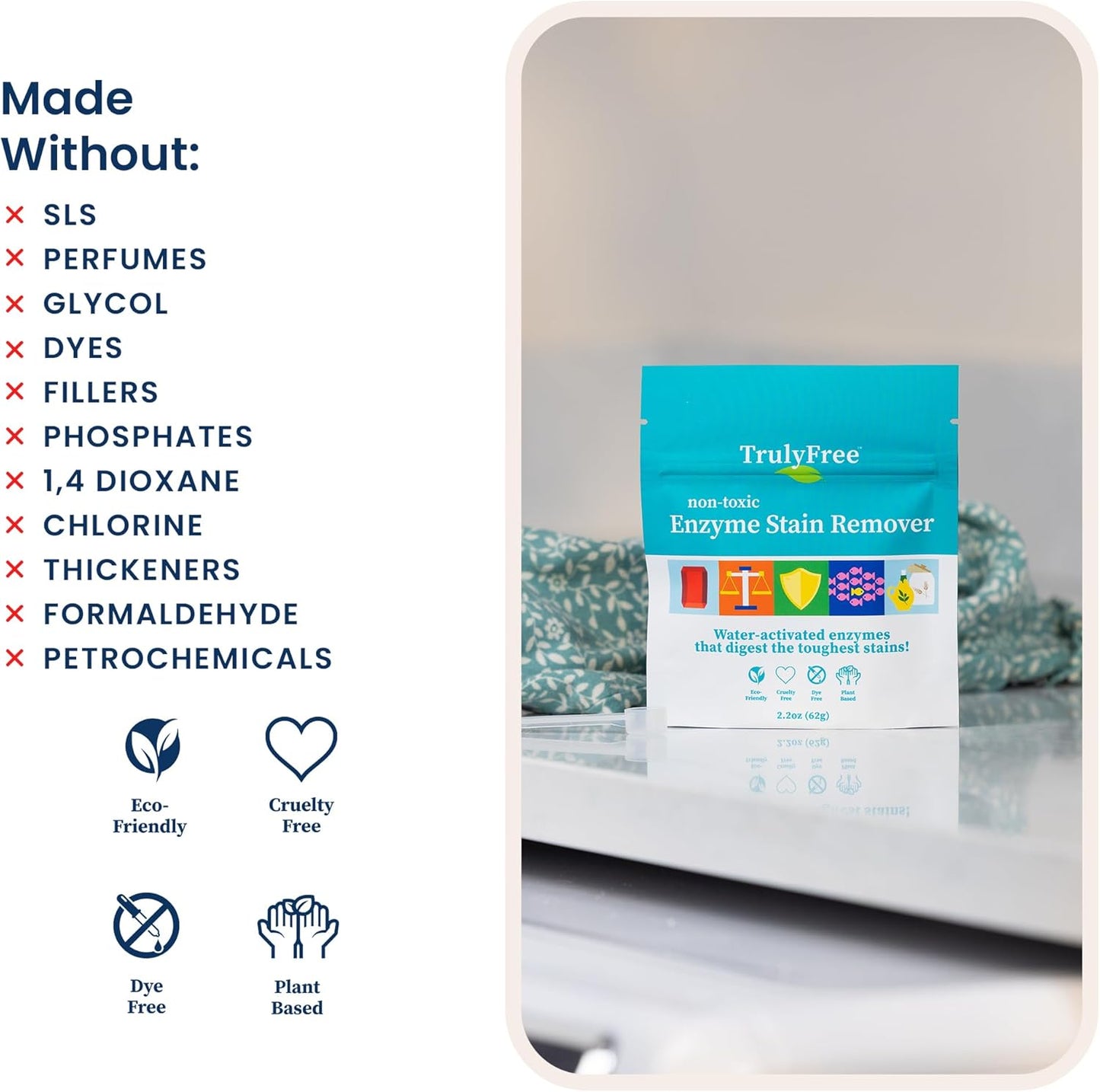 Truly Free Enzyme Laundry Stain Remover - Natural Laundry Detergent Booster for Blood, Grass, Pet Urine & Odor - Biological Washing Powder for Clothes, Couch Fabric (50 Scoops)