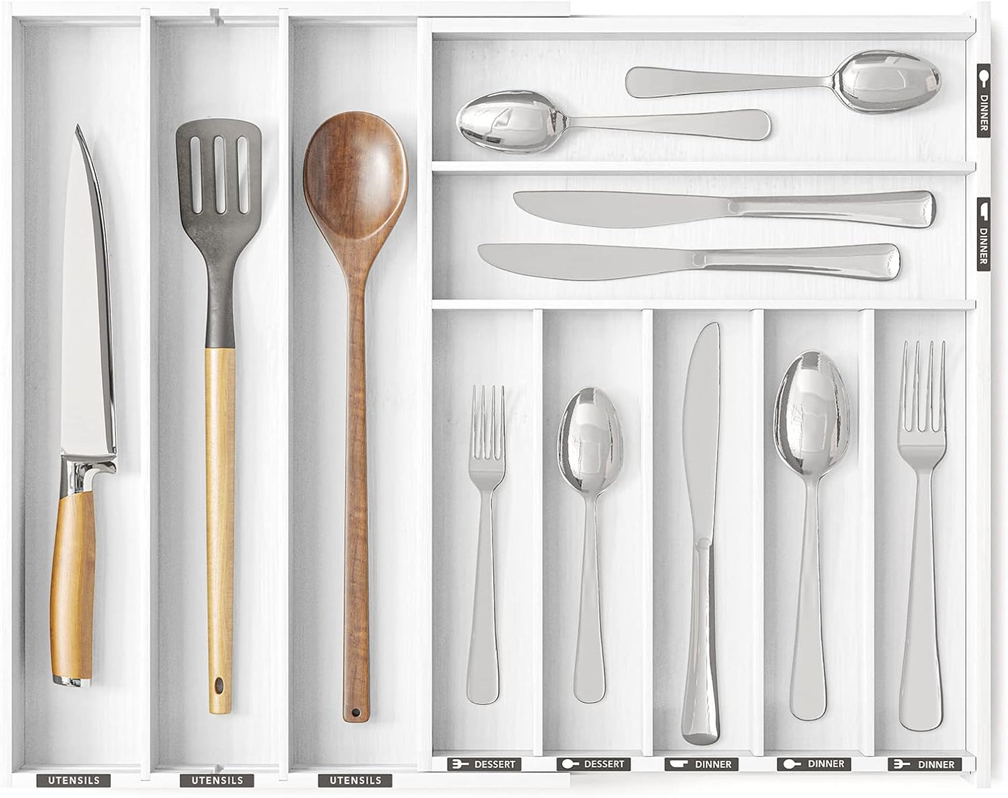 SpaceAid Bamboo Silverware Drawer Organizer with Labels, Kitchen Utensil Expandable Tray Holder Organizer for Flatware, Cutlery, Spoon and Knives Drawer Storage Organization (White, 10 Slots)
