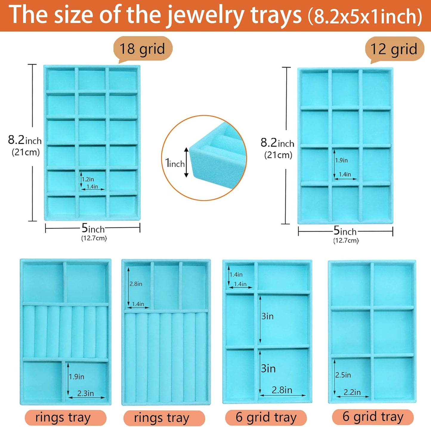 8 Pcs Velvet Jewelry Tray Stackable Jewelry Drawers Organizer Trays Rings Earrings Bracelet Organizer (8.2" x 5" x 1")