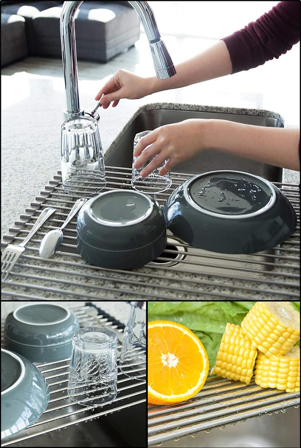 Tomorotec 17.7" x 15.5" Roll Up Dish Drying Rack Over Sink Drying Rack Sink Cover Kitchen Sink Accessories Gadget Multipurpose Organizer Foldable Stainless Steel Drainer (Grey)