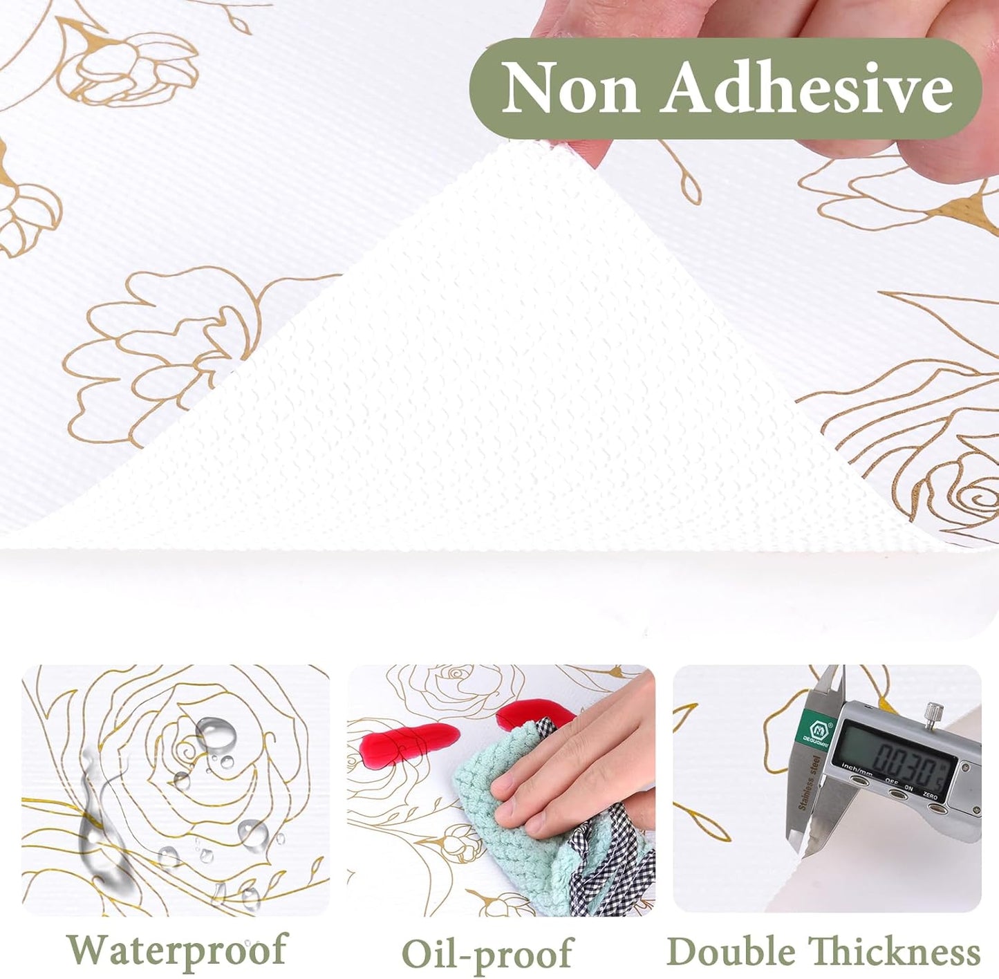 Shelf Liners for Kitchen Cabinets 12in x 20FT Non Adhesive Drawer Liner Gold Floral Thickened Shelf Liner Paper Strong Non-Slip Easy to Clean for Tool Box Refrigerator with Knife and Tape Measure