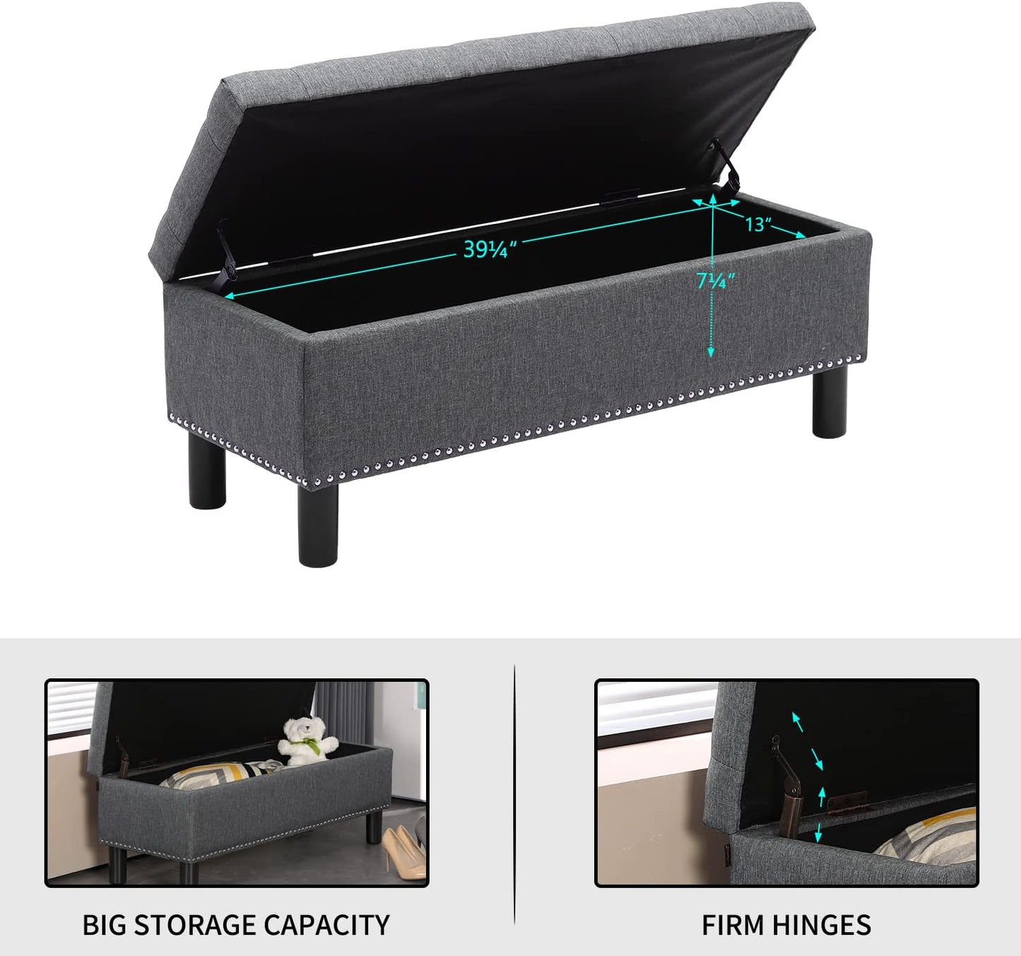 Furnimart 42.5 Inch Storage Ottoman Bench, Flip Top End of Bed Storage Bench, Upholstered Blanket Bench for Bedroom, Entryway, Living Room, Tufted Linen (Dark Grey)