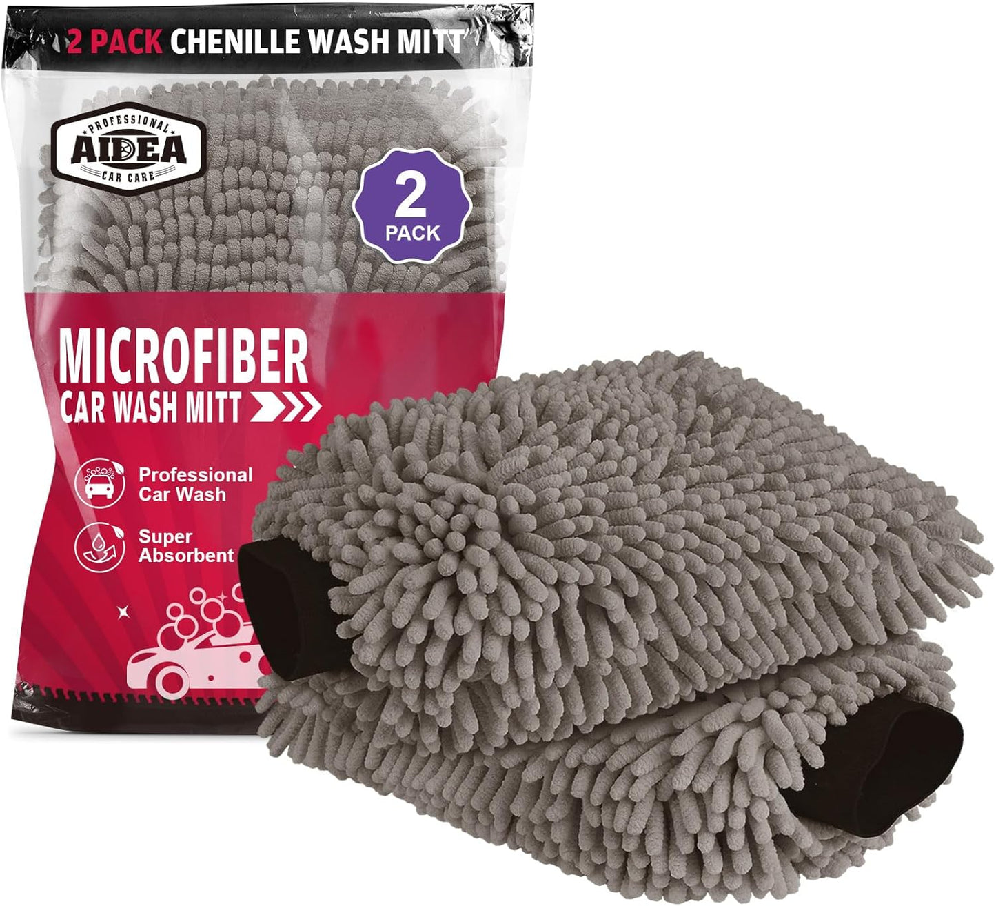 AIDEA Car Wash Mitt Microfiber-2Pack, Scratch-Free& Lint-Free, Premium Chenille Microfiber Wash Mitt-Grey Regular Size (7.12''X10.14'')