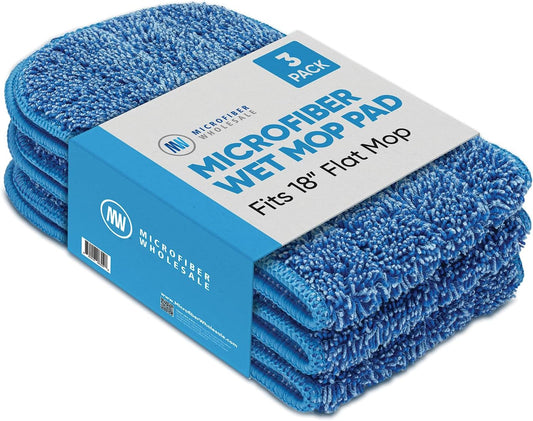 Microfiber Wholesale 18 inch Microfiber Mop Pads - Machine Washable, Reusable, Refills & Replacement Wet Mop Heads Compatible with Any Microfiber Flat Mop System (3 Pack)