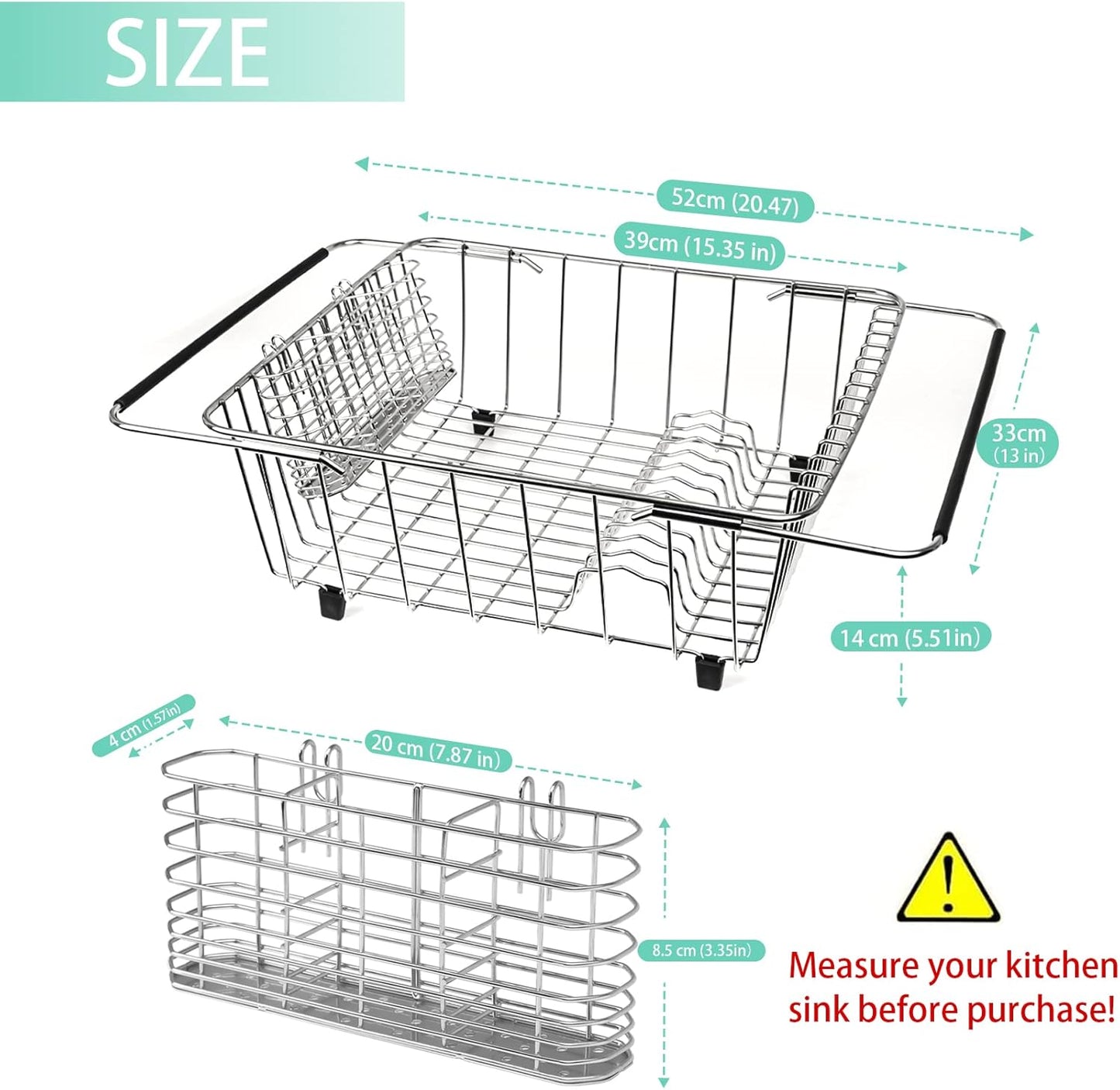 Sink Dish Drainer Rack, Expandable 304 Stainless Steel Dish Drying Rack Organizer with Stainless Steel Utensil Rack, Adjustable 15.35" to 20.47" Inside The Sink (up to 13 Upright Utensils).