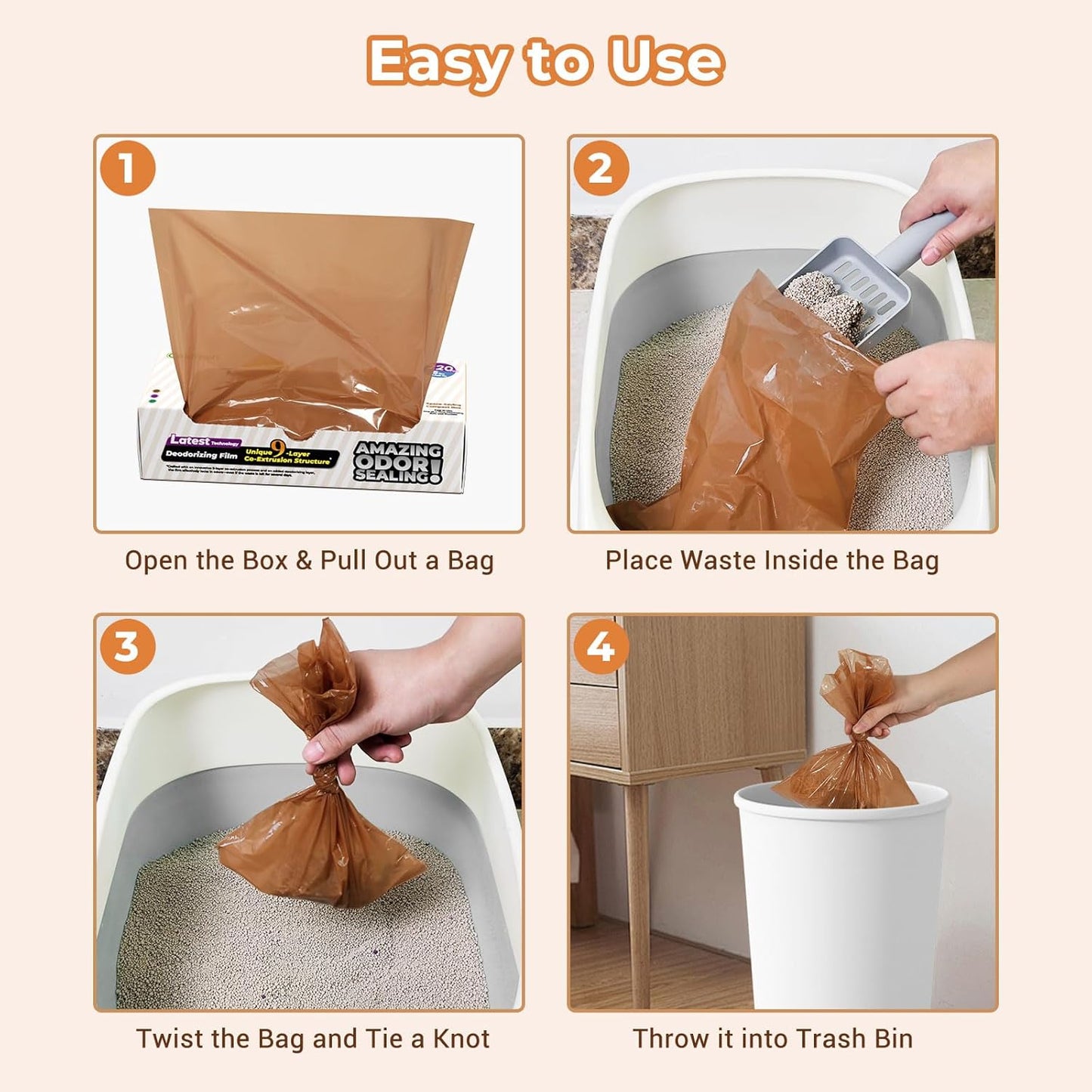 Odor Sealing Small Trash Bags Home & Food Use M-220 Count Disposable Bags, Durable and Unscented (Color:Brown)