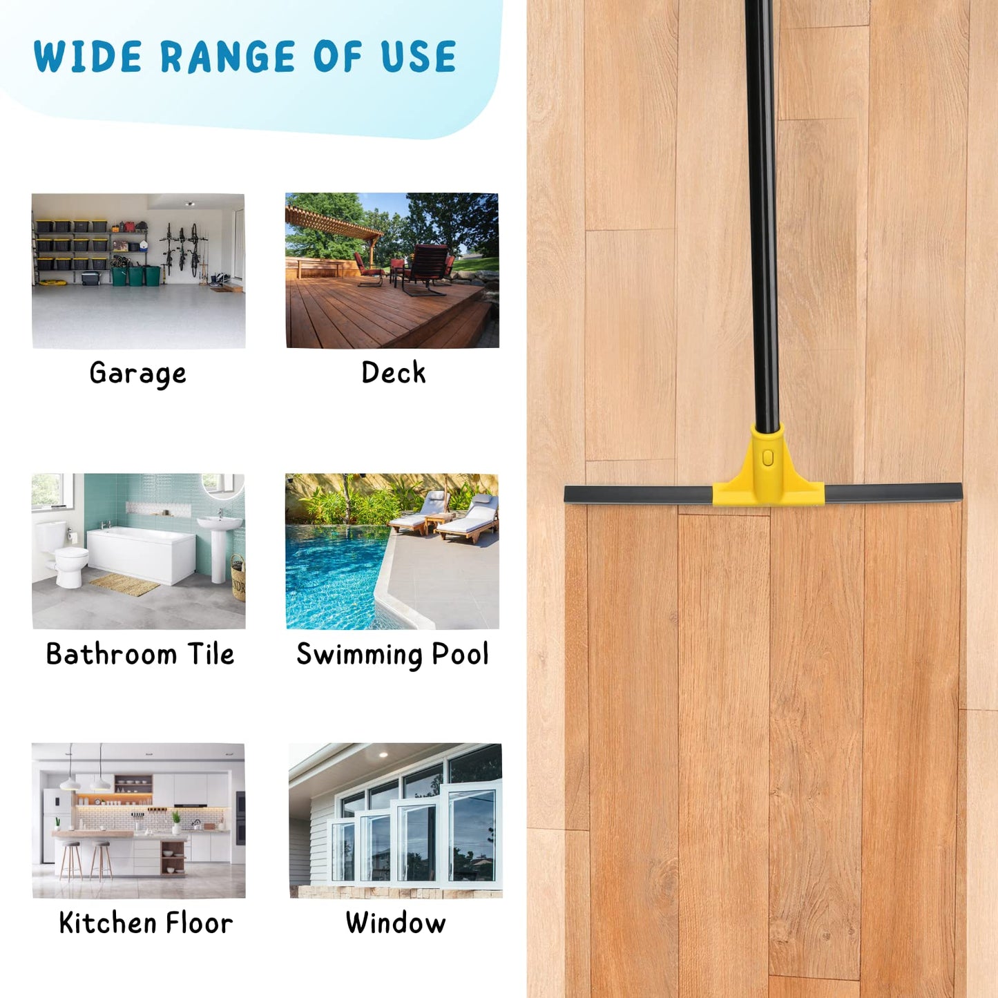 Squeegee Broom for Floor, 18'' Heavy Duty Rubber Wiper with 60'' Long Handle for Bathroom Tile