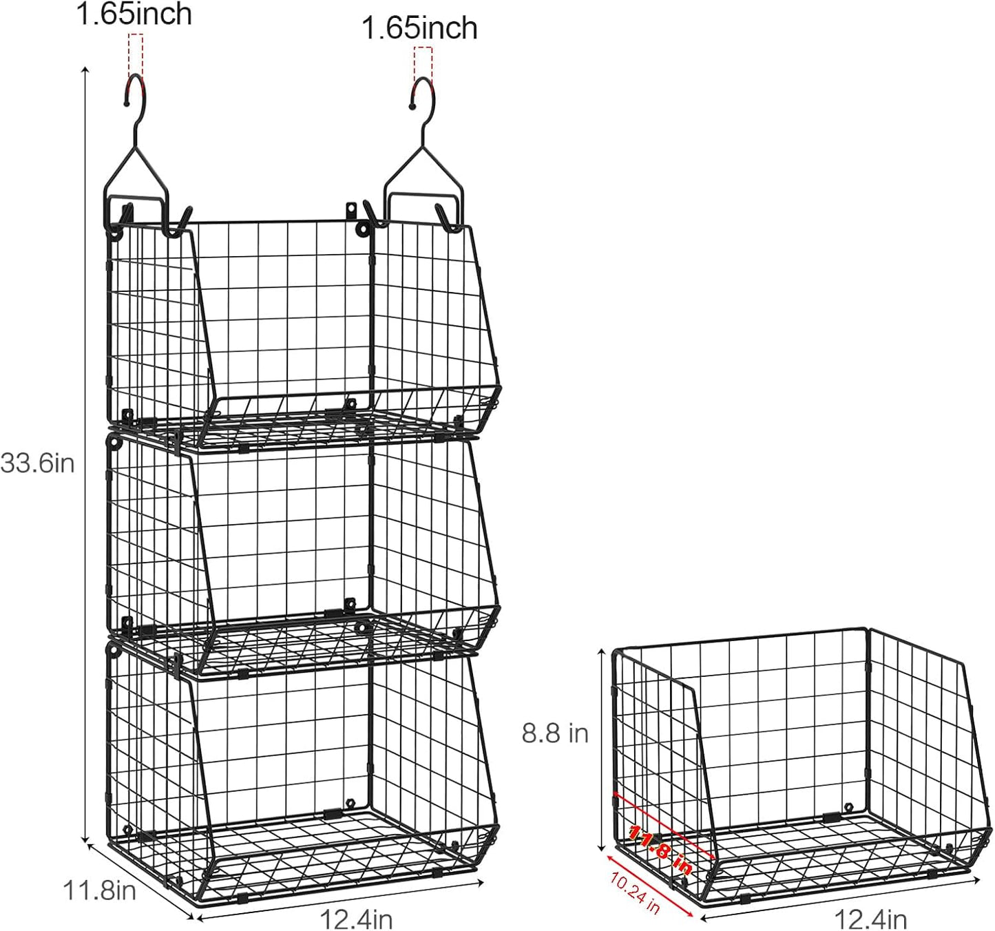 X-cosrack 3-Tier Hanging Storage Organizer for Closet, Laundry & Utility Room | Space Saving Shelves with 1.65" Hook & 5 S-Hooks | Hanging Wire Baskets (12.4" W x 8.8" H x 10.24-11.8" D)