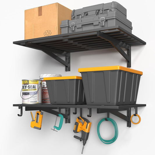 2-Pack 2x3ft Garage Shelving Wall Mounted, 2' x 3' Heavy Duty Garage Storage Shelves with Hooks