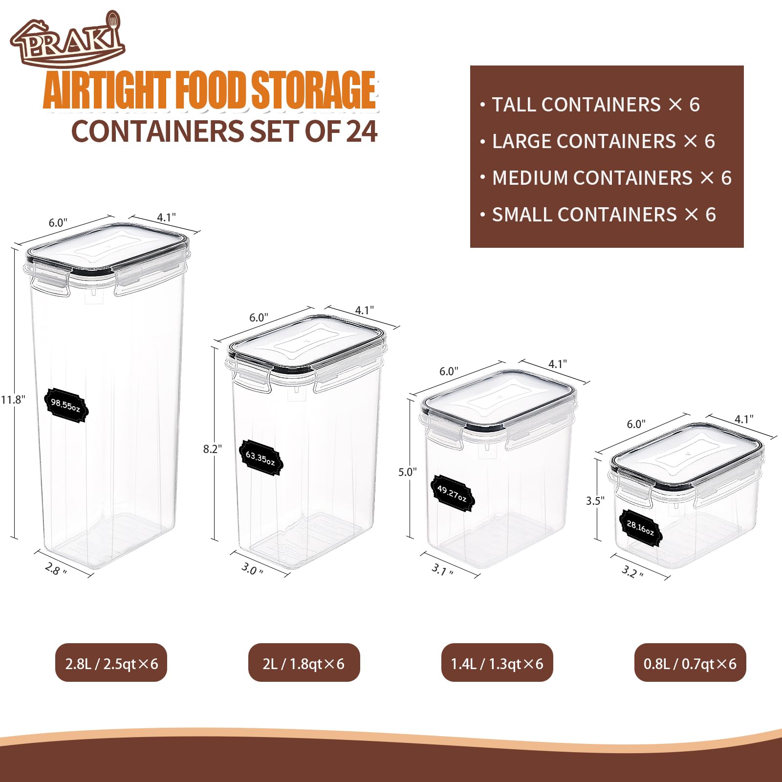 PRAKI Airtight Food Storage Containers Set with Lids - 24 PCS, BPA Free Kitchen and Pantry