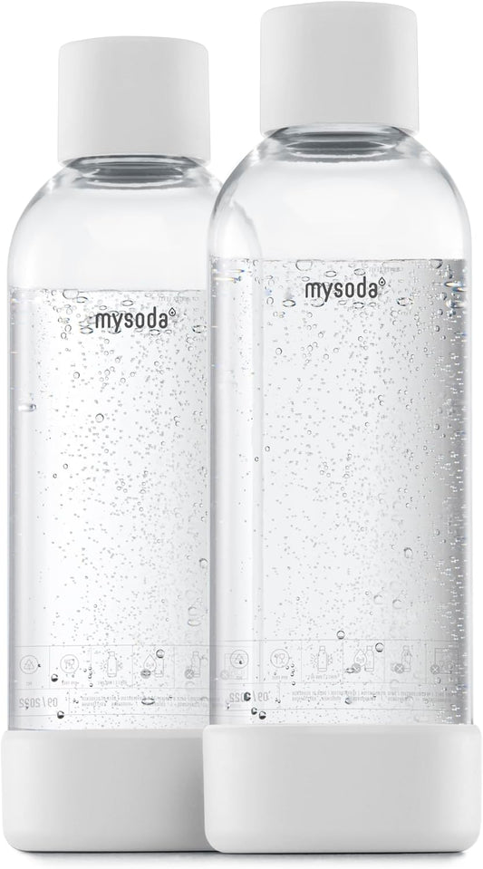 Mysoda Carbonating Bottles 2Pck 1L - Compatible with MySoda and any brands - Quick-Lock Reusable Bottles - Lid and Base Made of Wood Composite - BPA Free - White