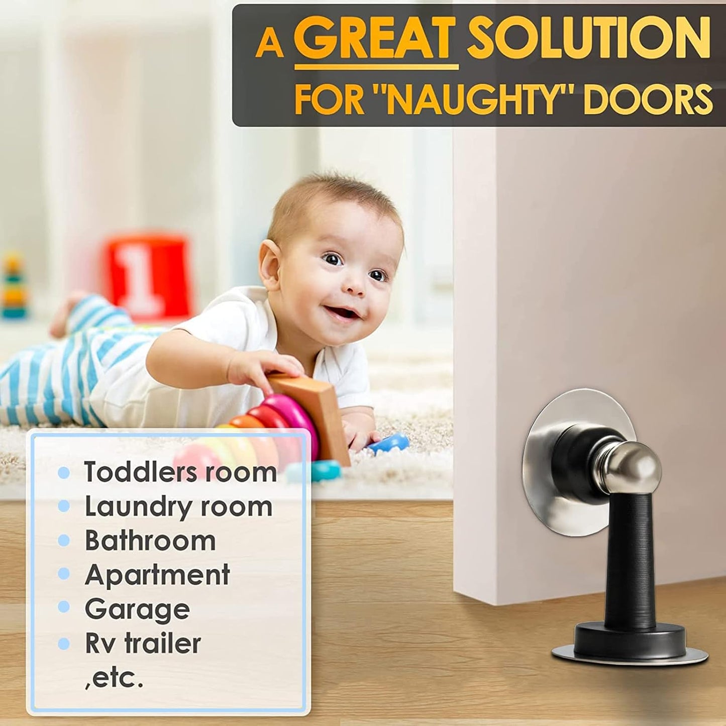 Shackcom Magnetic Door Stop 12 Pack Stainless Steel Door Holders to Keep Door Open Self-Adhesive Tape, Screws for Stronger Wall & Floor Mount for Bedroom Bathroom Kitchen Home Office(Black)