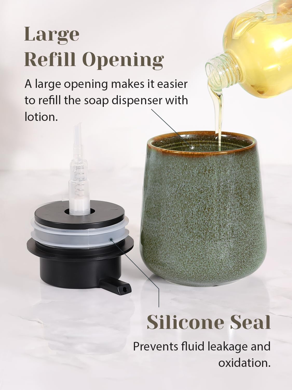 INGOFIN Ceramic Lotion Dispenser - 12 oz Refillable Hand Soap Dispenser Bathroom, Modern Liquid Dispenser with Pump, Dish Soap Dispenser for Kitchen,Kiln-Glazed Green