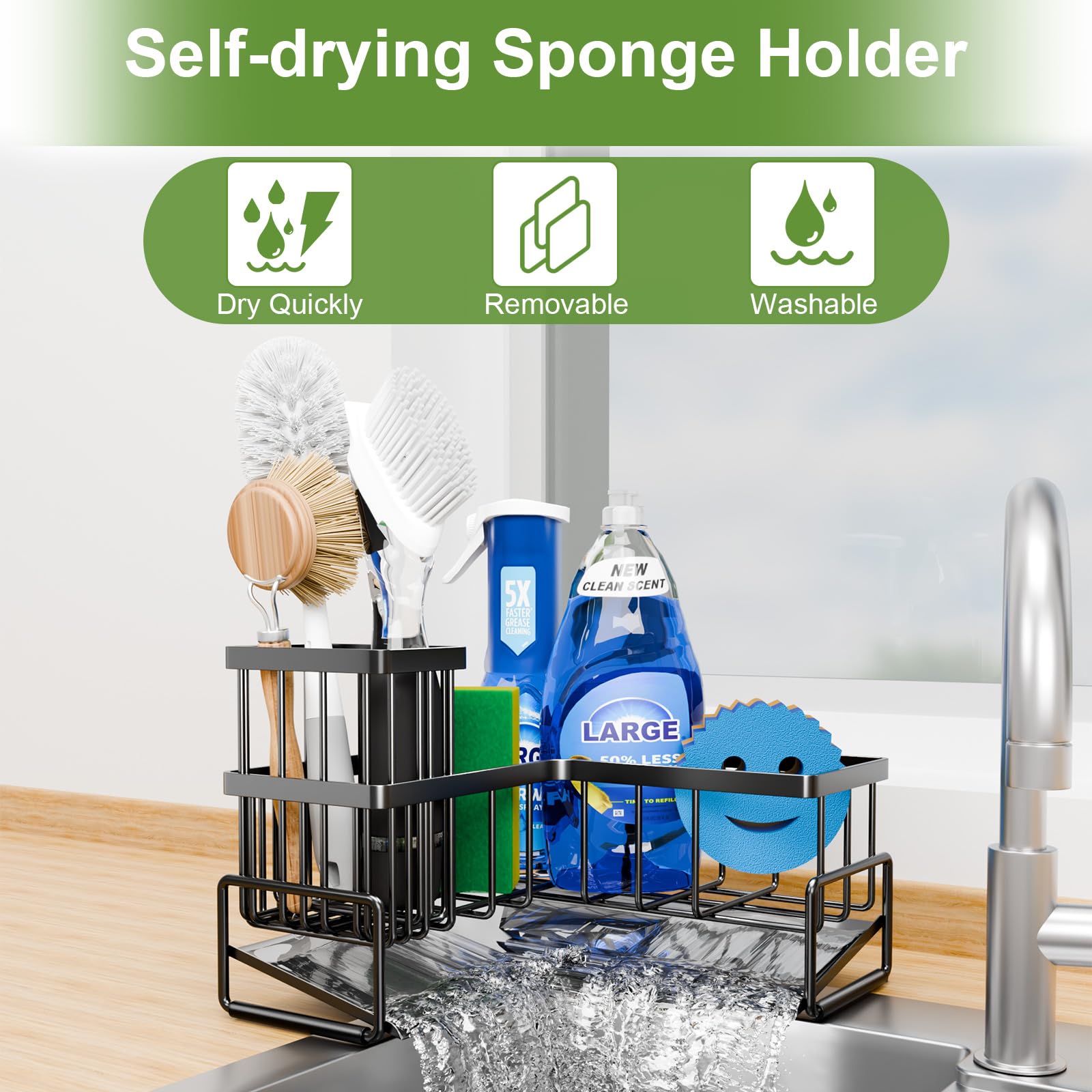 Fikoksol Large Sponge Holder for Kitchen Sink, 90-Degree Sink Caddy Storage