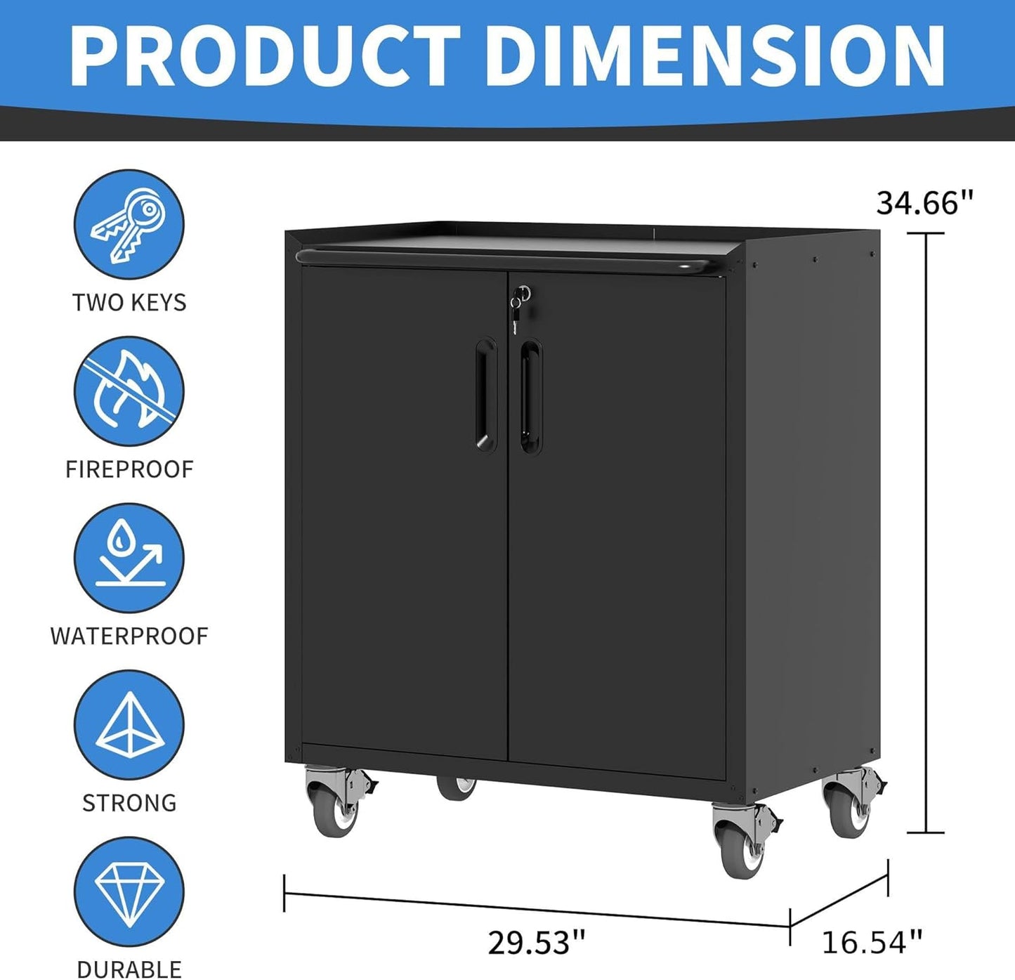 Metal Storage Cabinet with Wheels, Lockable Garage Cabinet with Doors and Shelves, Rolling Tool Storage, Assembly Required, Black