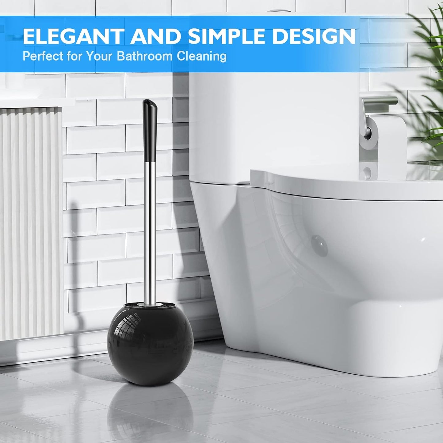 Toilet Brush and Holder 2 Pack, 304 Stainless Steel Toilet Brush with Extended and Durable Comfortable Brush Handle, Toilet Bowl Brush for Bathroom Toilet - Ergonomic, Pratical Durable (Black)