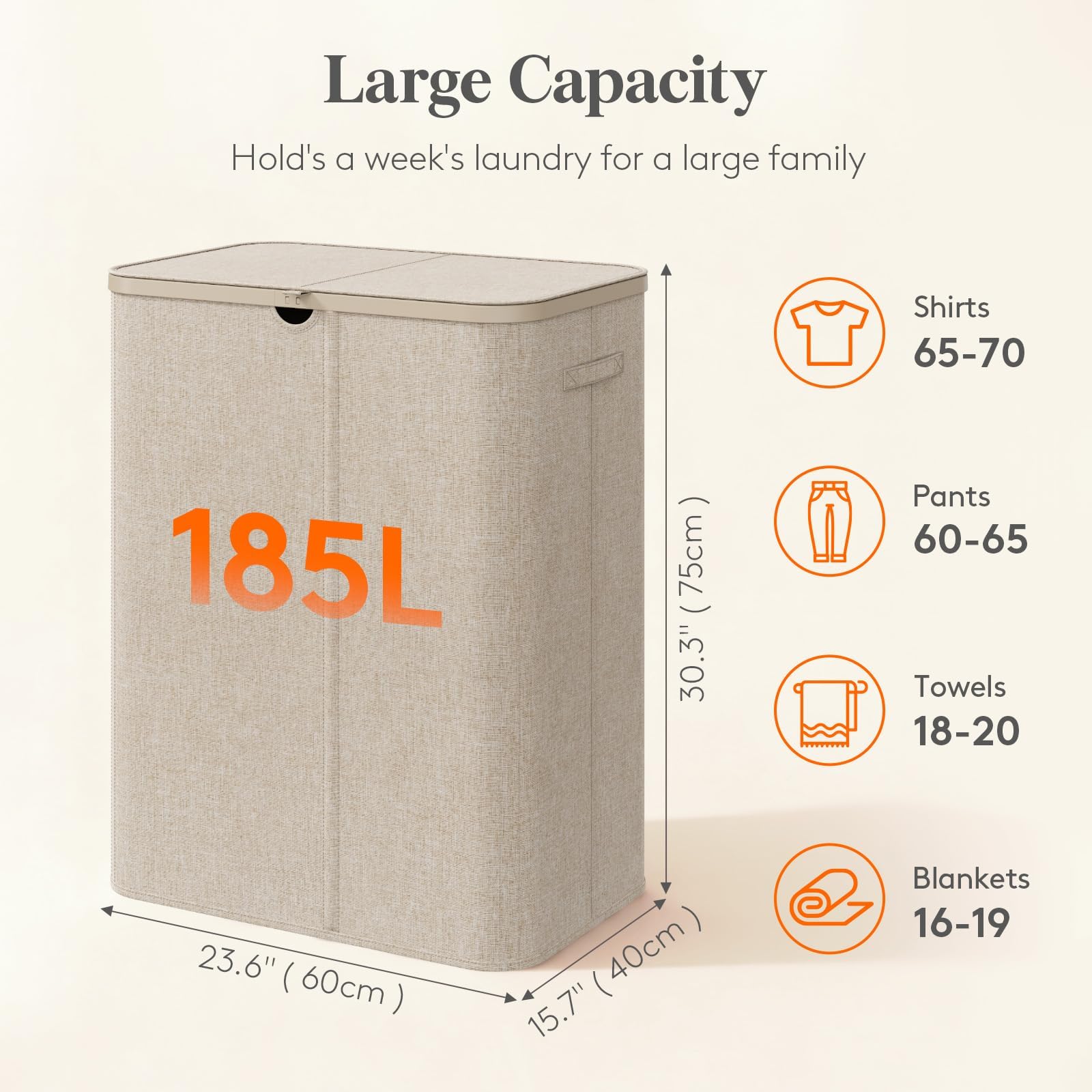 Lifewit 185L 3 Section Laundry Hamper with Lid, Laundry Basket, Beige
