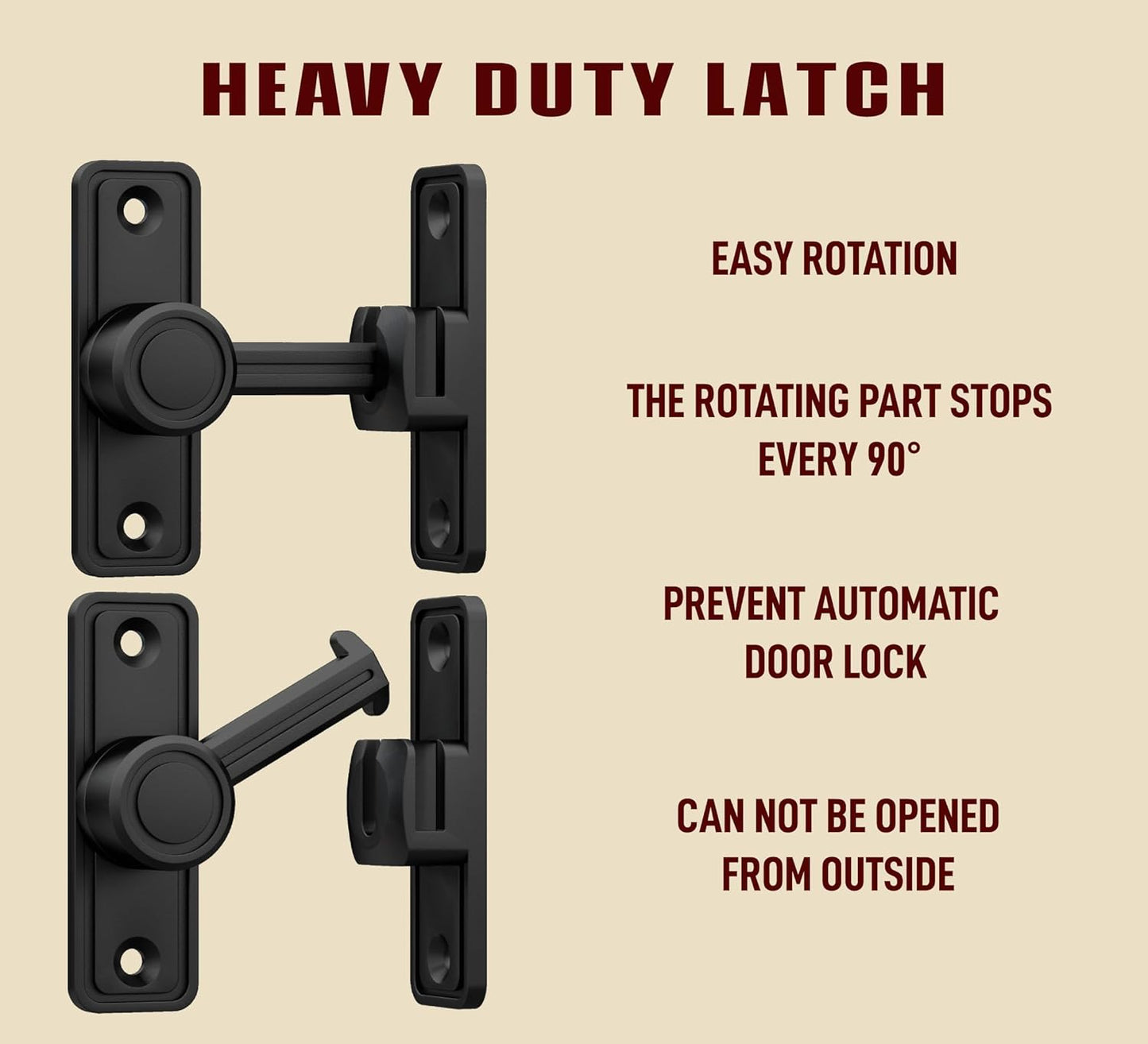 Barn Door Privacy Latch, 90°/180° Swing Slide Lock, Zinc-Alloy, Adhesive or Screw Mount, Interior Use for Bathroom/Bedroom/Closet/Shed, Includes Screws & Glue - Black