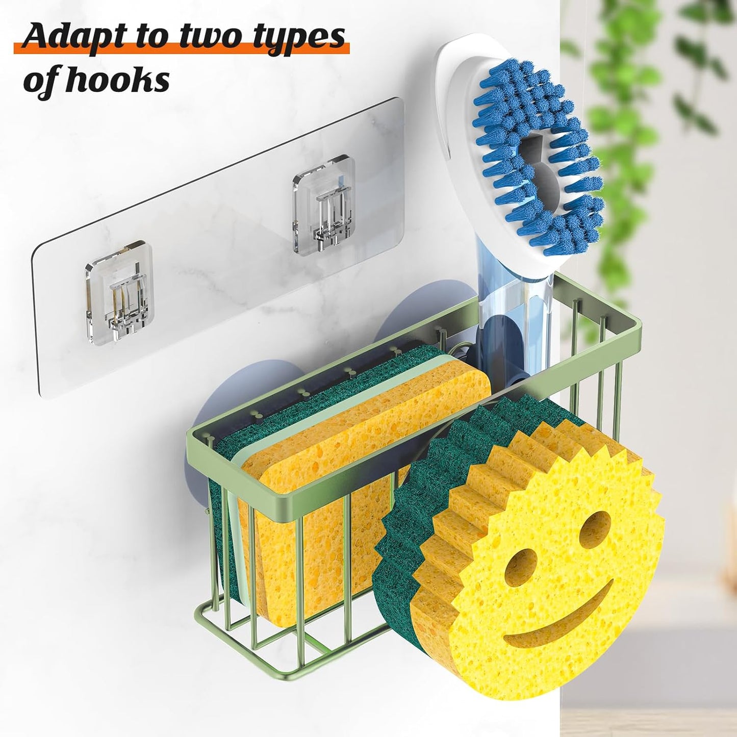 Sponge Holder Smiley Face,Sink Caddy,Sink Organizer with 2 Suction Cups/1 Adhesive Strips,Designed for Sponge,Soap,Dish Brush,Scrubber - Green