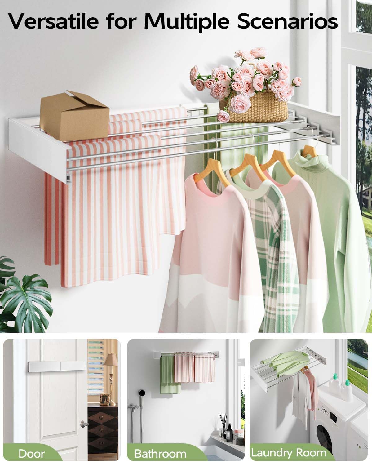 Wall Mounted Clothes Drying Rack 40 inches, Foldable Wall Mount Laundry Rack Folding Indoor, Drying Rack Clothing Collapsible, Hidden Space Saver with Wall Template, 6 Rods, White