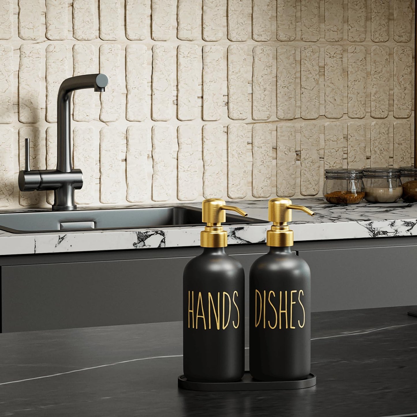 MOMEEMO Kitchen Soap Dispenser Set, Contains Hand and Dish Soap Dispenser, Suitable for Black and Gold Kitchen Decor. (Black & Gold)