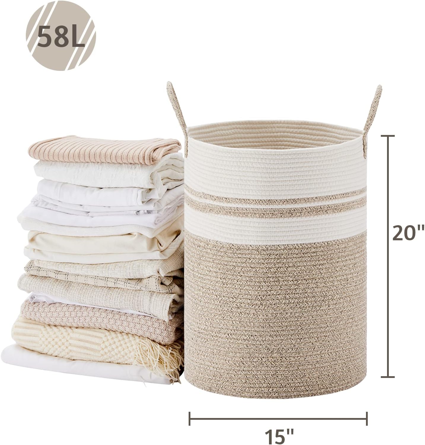 VIPOSCO Large Laundry Hamper, Tall Woven Rope Storage Basket for Blanket, Toys, Dirty Clothes in Living Room, Bathroom, Bedroom - 58L Brown & White