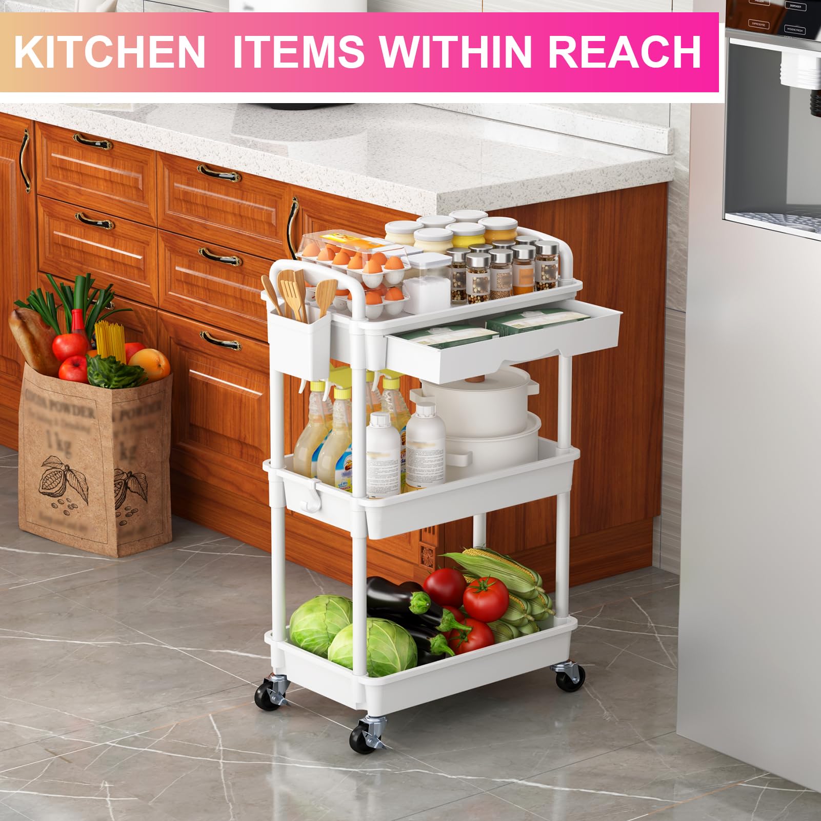 Goovilla 3 Tier Rolling Utility Cart Organizer with Removable Drawer, White