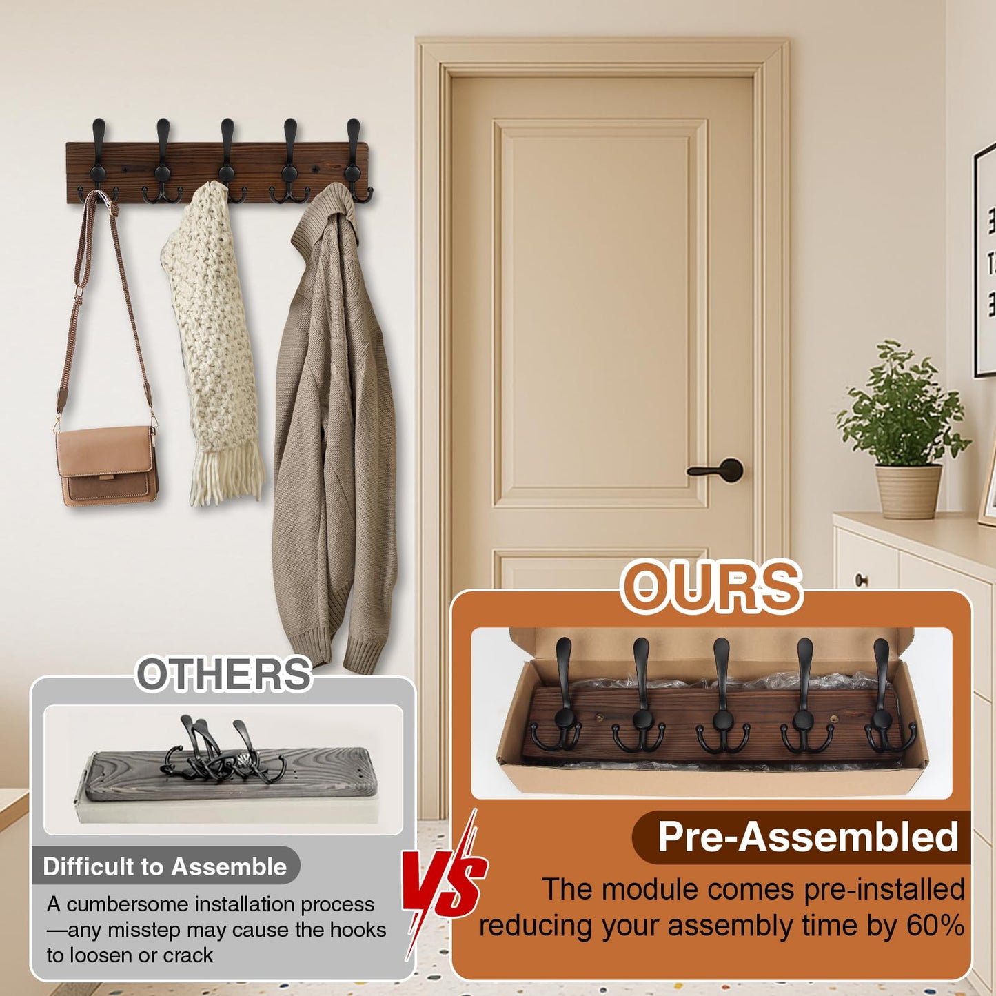 Wooden Coat Rack Wall Mount Heavy Duty, 2 Pack Coat Hanger Wall Mount with 5 Triple Hooks for