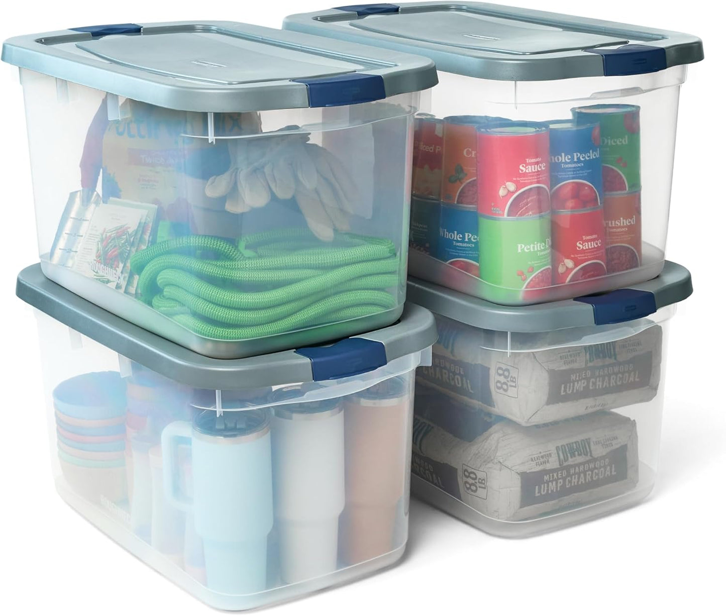 Rubbermaid Roughneck Clear 66 Qt/16.5 Gal Storage Containers, Pack of 4 with Latching Grey Lids, Visible Base, Sturdy and Stackable, Great for Storage and Organization
