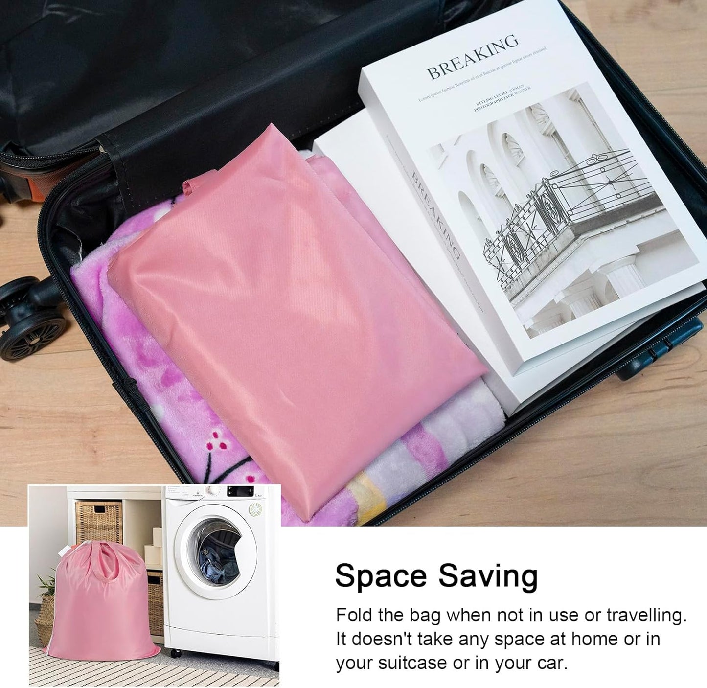 Polecasa Small Heavy Duty Laundry Bag with 130gsm Tear Resistant Fabric and Handles, Easy to Carry Durable Dirty Clothes Drawstring Bag, Perfect for College Dorm, Travel, 2 Pack 21”x24”,Pink