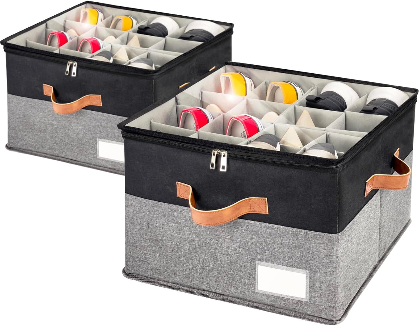 Shoe Organizer for Closet, Foldable Shoe Storage Bins with Clear Cover, Space Saving Shoes Holder with 4 Handles, Large Adjustable Shoe Box Storage Containers, Fits 8-16 Pairs, 2 Pack, Black