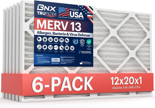 BNX TruFilter 12x20x1 Air Filter MERV 13 (6-Pack) - MADE IN USA - Electrostatic Pleated Air