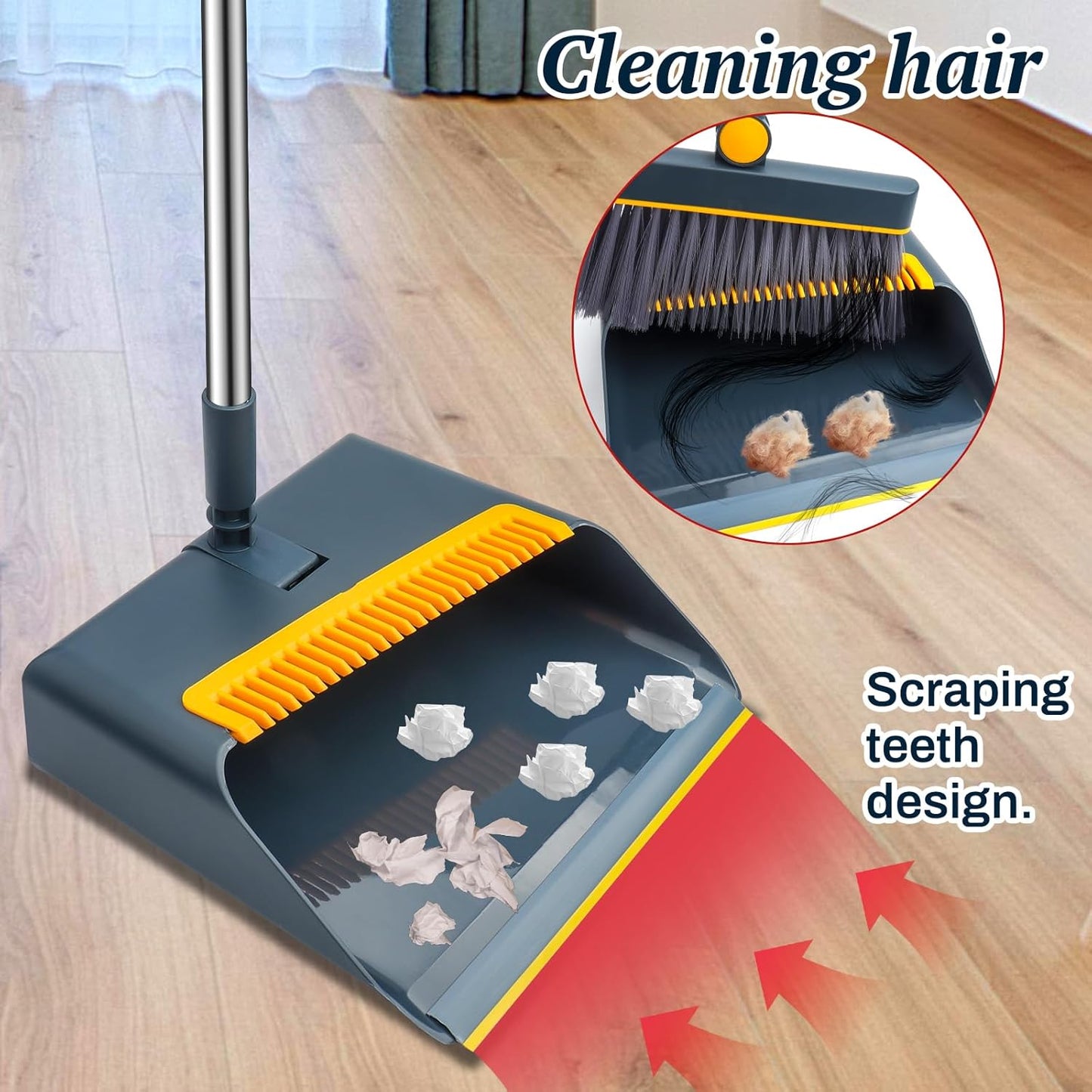 Long-Handled Broom and Dustpan Set, Windproof Broom Combination, 180-degree Rotating Brush Head with Upright Dustpan, Suitable for Indoor and Outdoor Cleaning. (Blue)