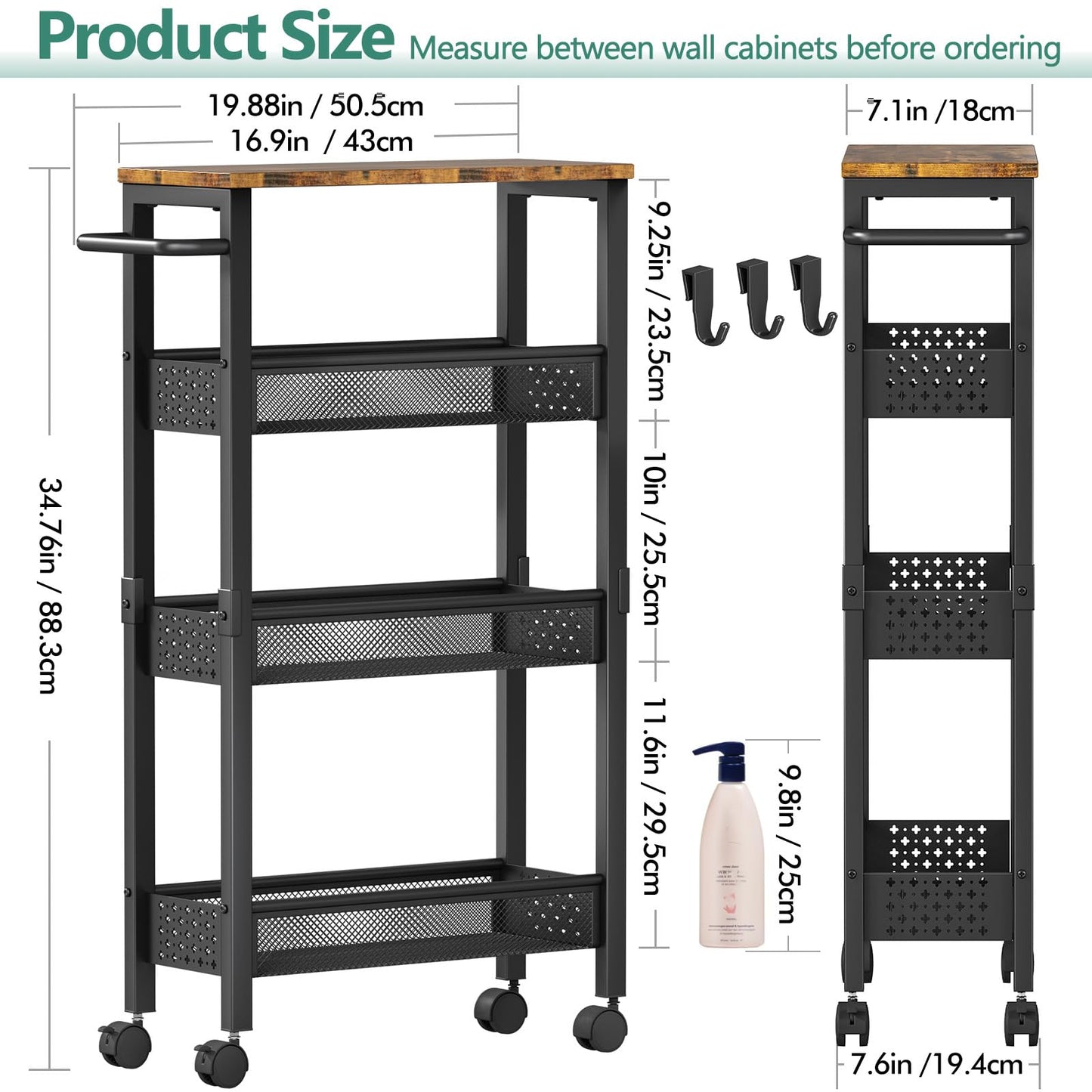 Vivihomety 4-Tier Slim Utility Rolling Laundry Cart with Wheels, Metal