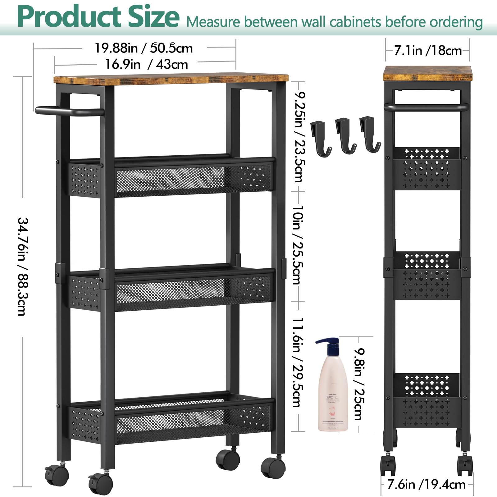 Vivihomety 4-Tier Slim Utility Rolling Laundry Cart with Wheels, Metal