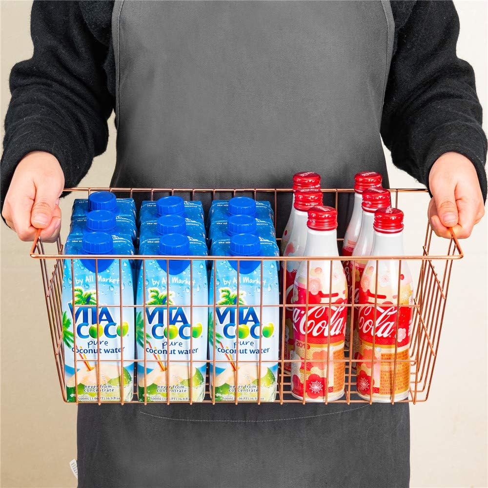 SANNO Wire Storage Basket, Farmhouse Pantre Freezer Baskets bins Metal Baskets Kitchen Storage Organizer Bin for Pantry, Shelf, Freezer, Kitchen Cabinet, Bathroom, Rose Gold