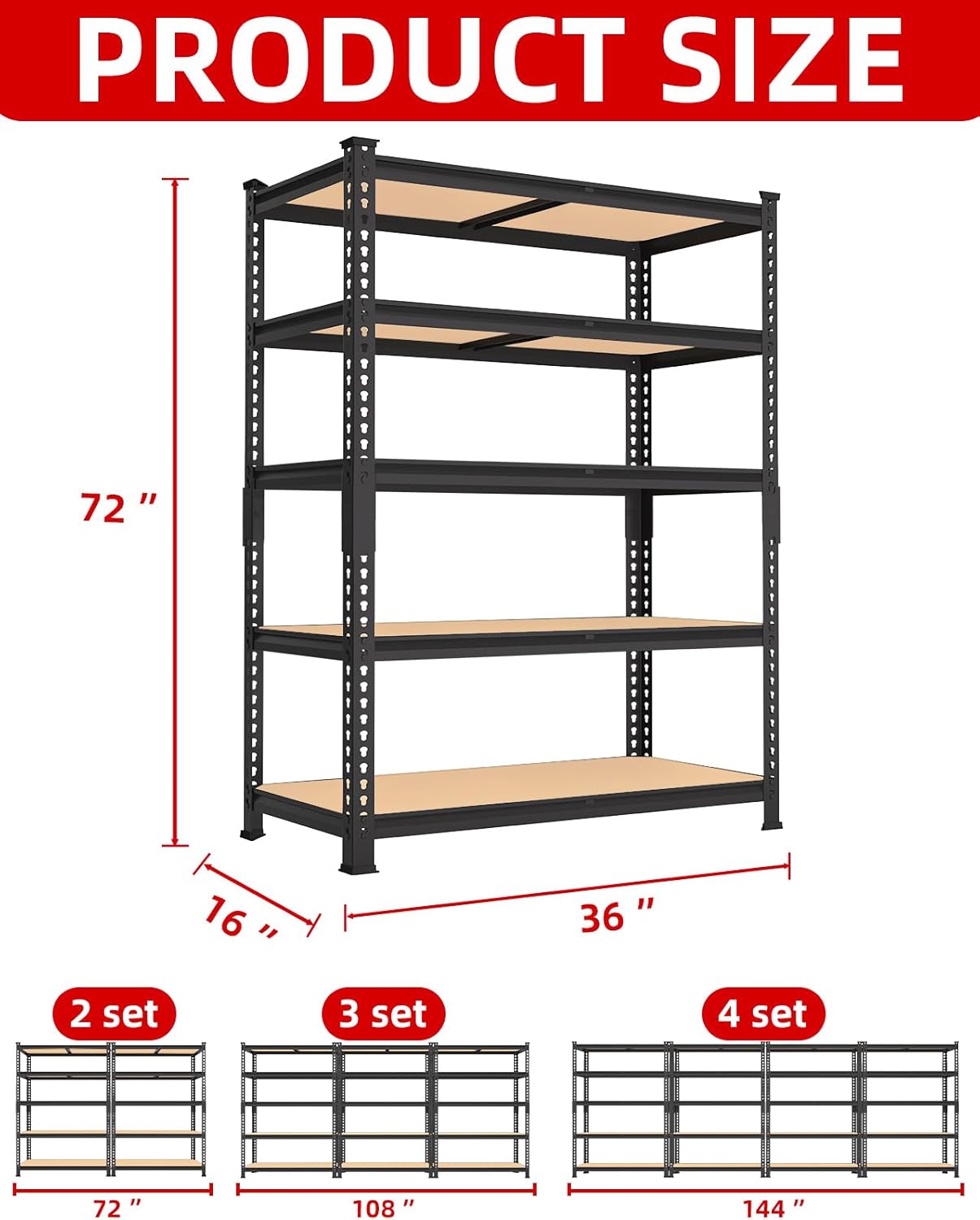 PrimeZone 36" x 16" x 72" Heavy Duty Storage Shelves - 5 Tier Adjustable Garage Storage Shelving, Metal Storage Utility Rack Shelf Unit for Warehouse Pantry Closet Kitchen, Black, 2 Pack