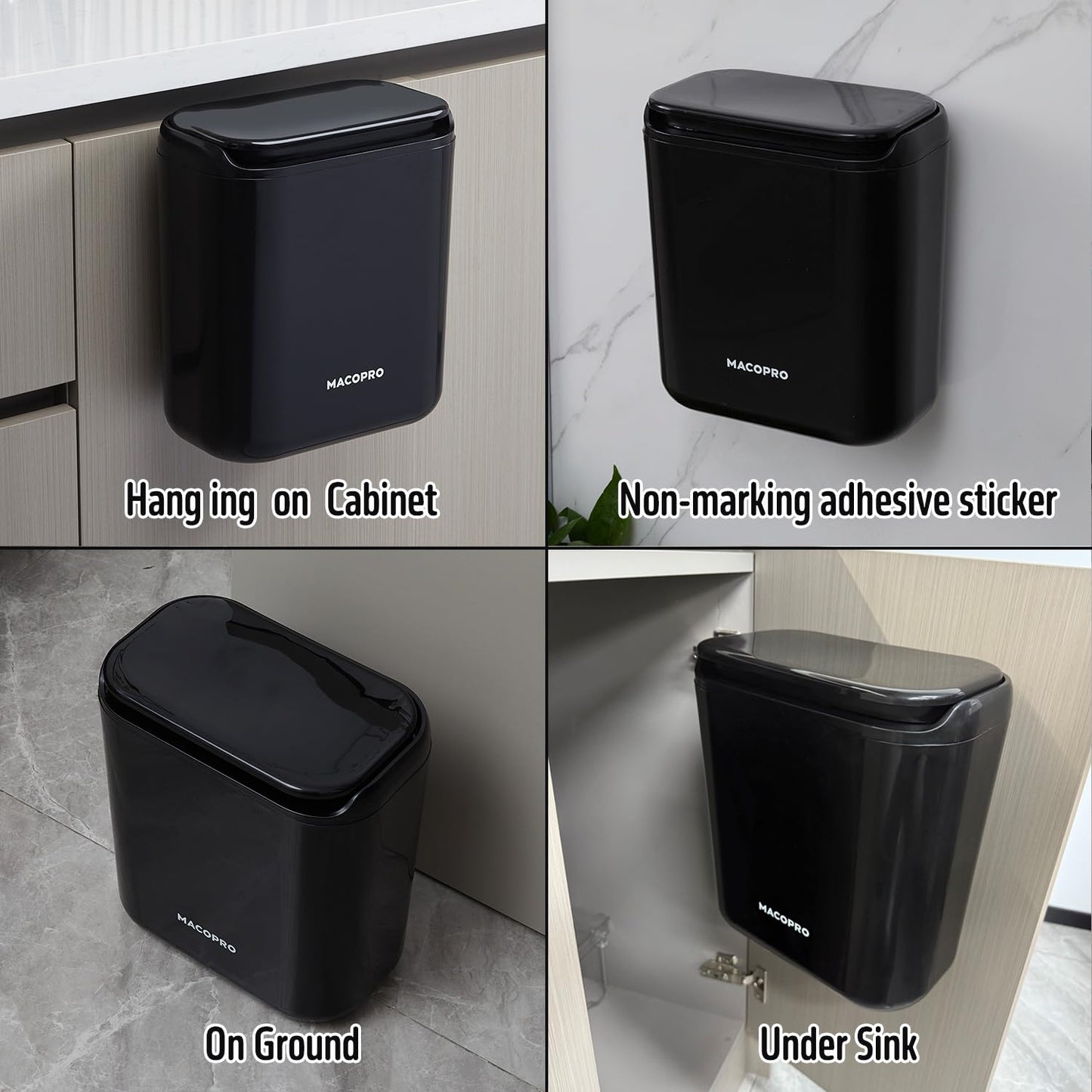 Compost Bin Hanging Trash Can with Lid Under Sink for Kitchen, Food Waste Bin for Countertop with Lid, Mountable Garbage Can for Bathroom, RV, 8L/2.6Gal