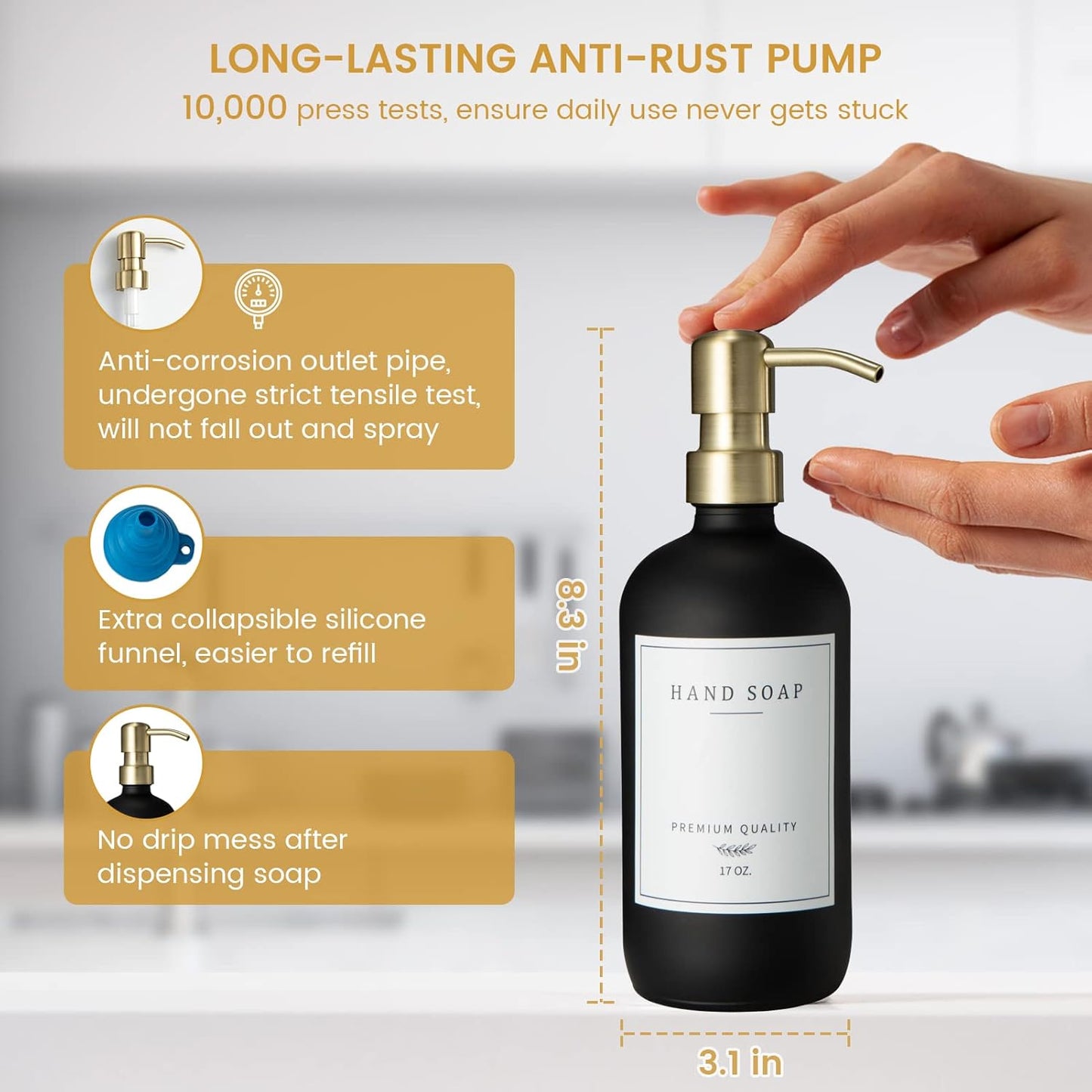 Glass Soap Dispenser for Kitchen Sink,Farmhouse Dish Soap Dispenser&Hand Soap Dispenser Set,Rustproof Pump Lotion Dispenser Bathroom with Tray,Waterproof Label for Kitchen Decor(Black