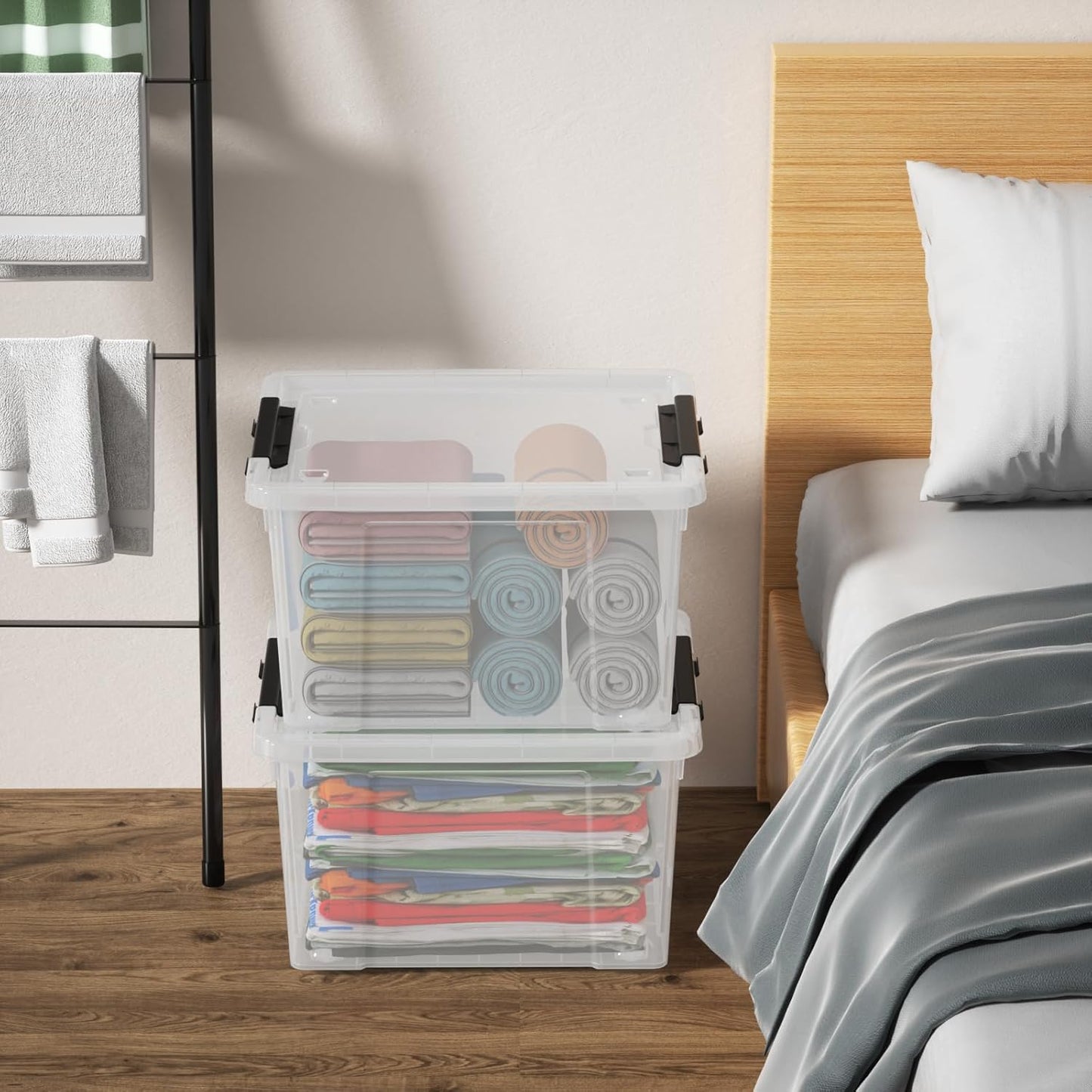 22 Qt Latching Storage Box, Stackable Bin with Latch Lid, Plastic Storage Container Tote, Clear, 4-Pack