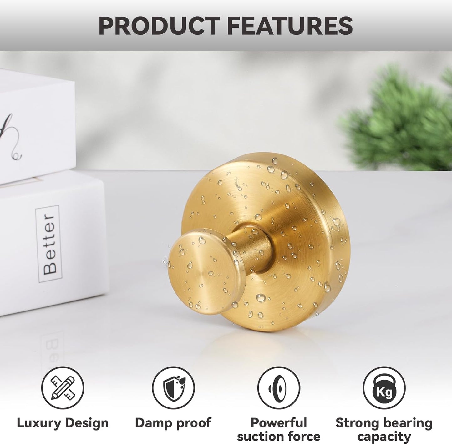 4 PCS Suction Cup Hooks for Shower, Stainless Steel No Drill Suction Towel Hooks, Reusable Sticky Silicone Suction Cup Base for Bathroom Wall, Glass, Mirror, Tile to Hang Loofahs, Robes (Gold)