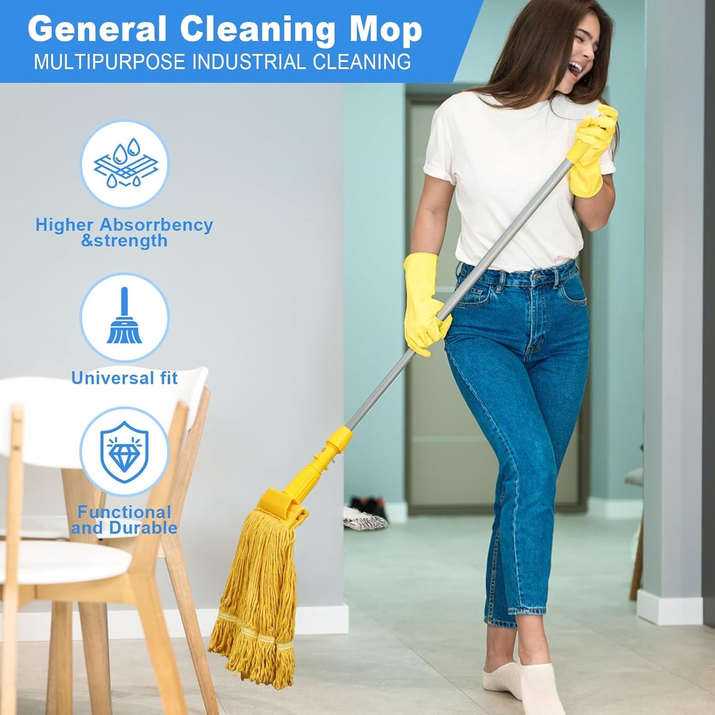 Pack of 2 Heavy Duty Commercial Mop Head Replacement, General Cleaning Mop Heavy Duty Commercial Replacement Wet Industrial Blue Cotton Looped End String Head Refill,Super Absorption and Durability