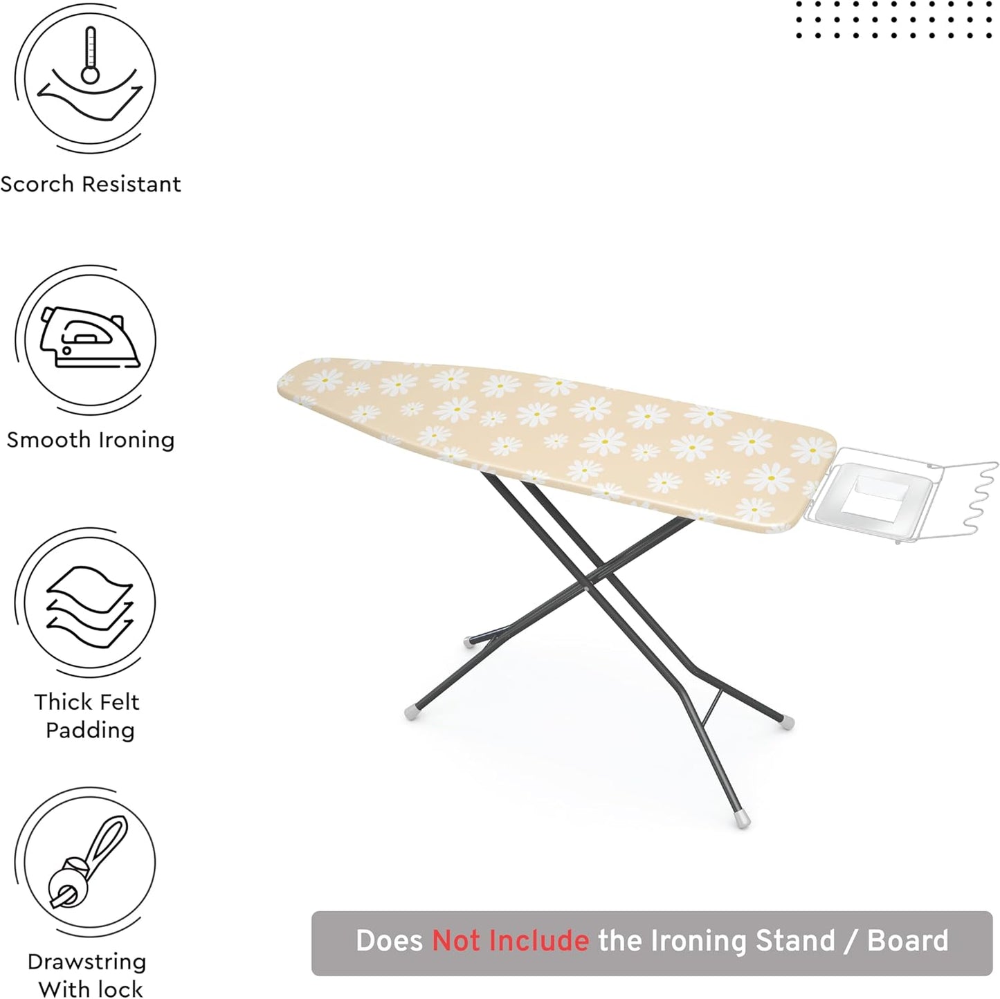 Encasa XO Ironing Board Cover and Pad 57"x22" - Thick 3mm Felt Padding, Drawstring Tightening & Lock, Easy Fit, Scorch & Stain Resistant, Fits X-Large Ironing Board - Daisy Beige
